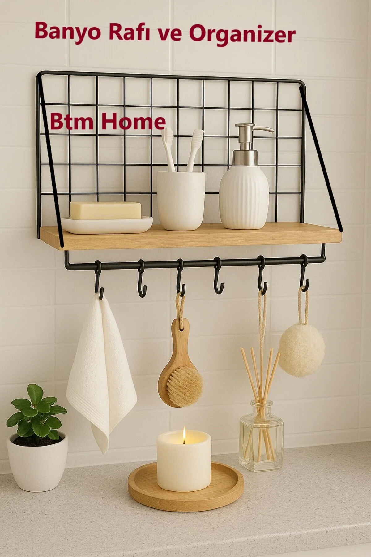 Askılı Banyo Organizer Raf – 6 Kancalı Metal Izgara & Ahşap Düzen