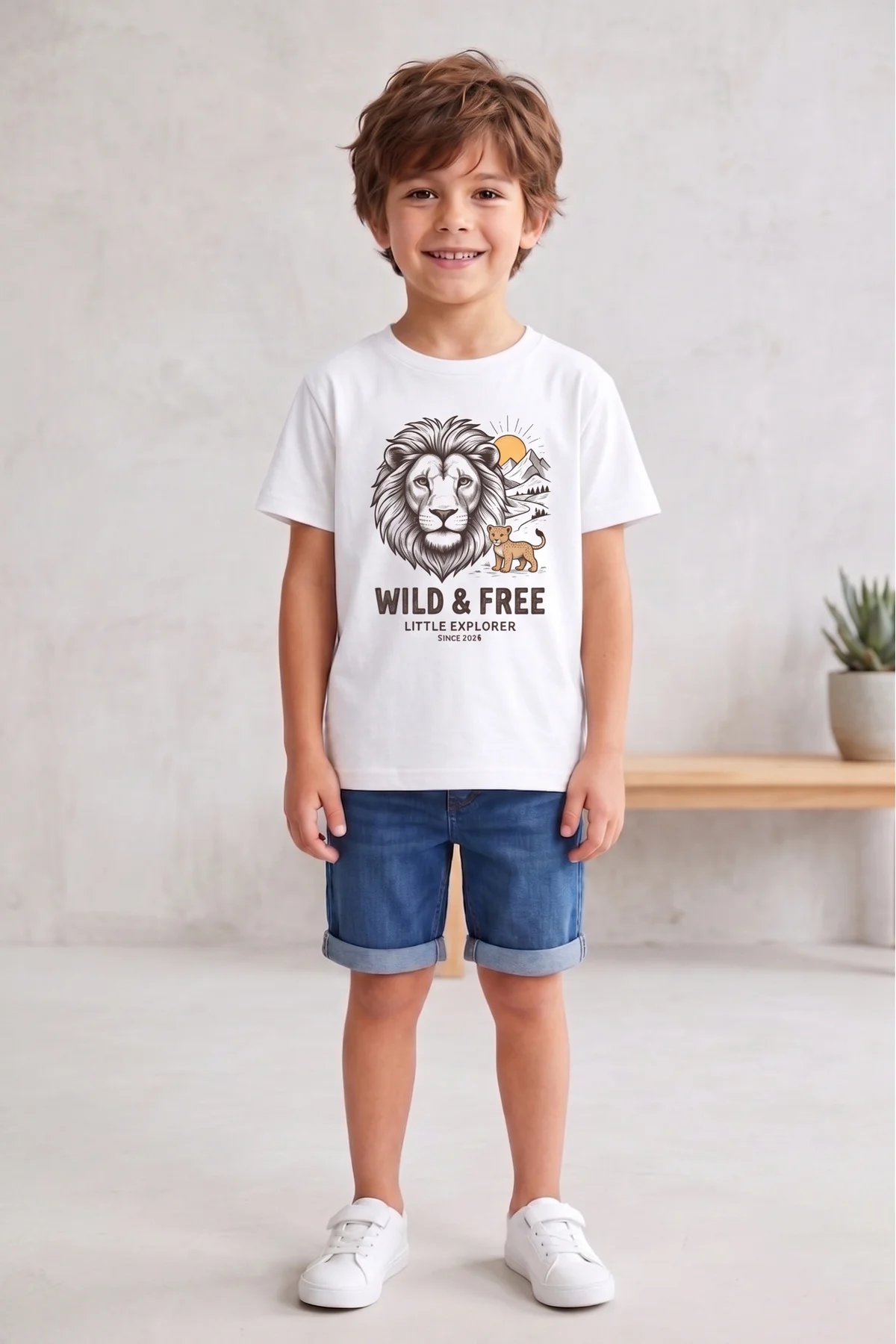 Aslan Baskılı Wild & Free %100 Pamuklu Erkek Çocuk Tişört Little 