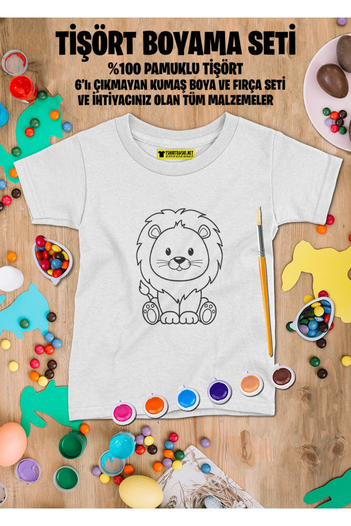 Aslan Tişört Boyama Seti – Çocuk Full Set Fırçalı, Kreatif Elbise Tasarım Oyunu, 3+ Yaş
