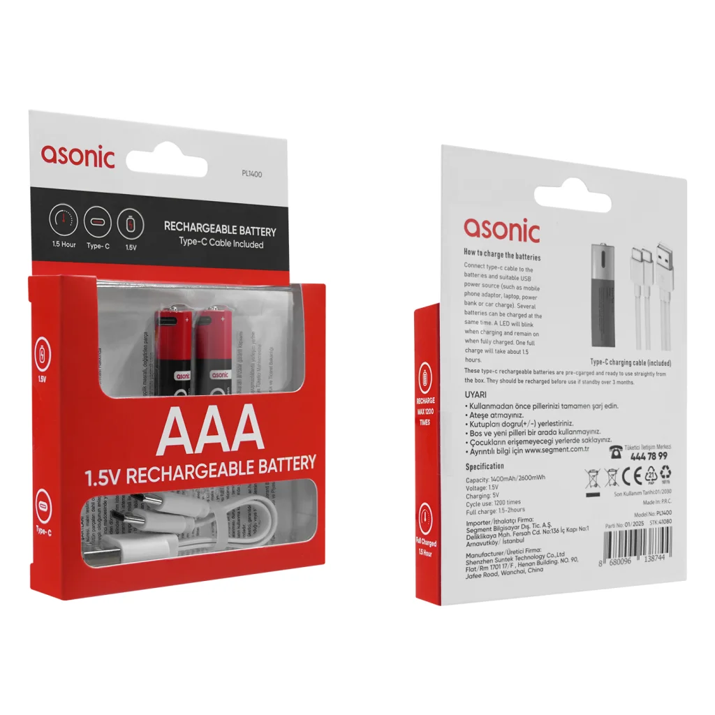 ASONIC PL1400 AA Şarjlı Pil 1400mAh 2600mwh Type-C - Hediye Kablo ile 2 Li Paket