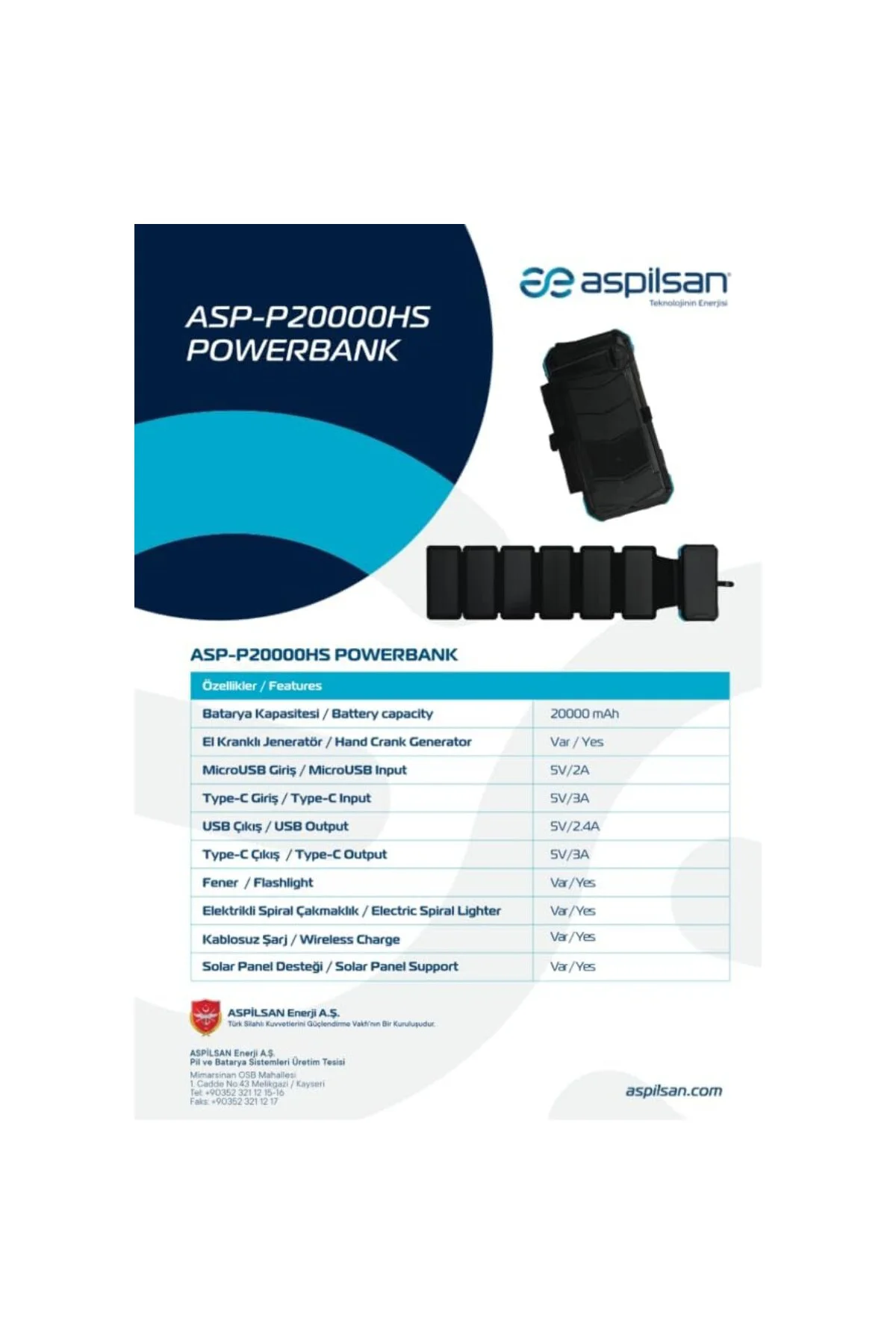 ASP-P20000HS 20000mAh Solar Powerbank, El Kranklı Şar, Type-C, Mi