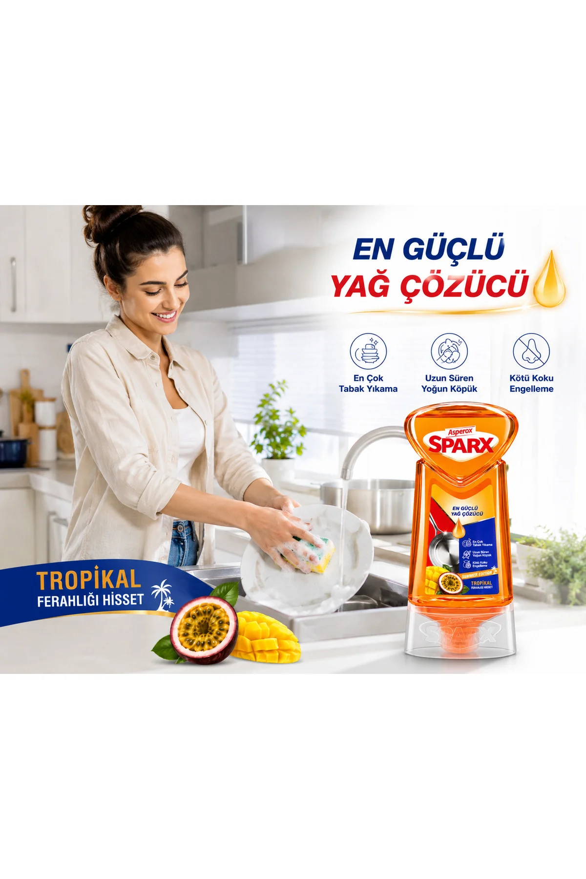 Asperox Sparx Tropikal Sıvı Bulaşık Deterjanı 650 ml – Güçlü Yağ Çözücü, Yoğun Köpük, Tropikal Ferahlık