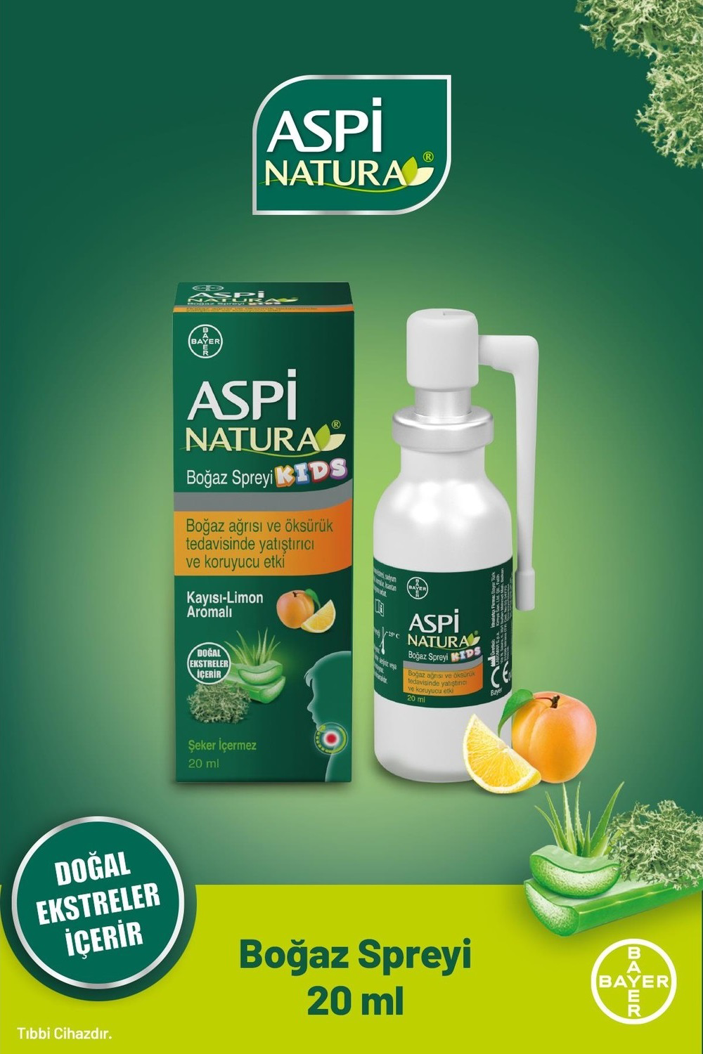 Bayer Aspi Natura Kids Kayısı-Limon Aromalı Boğaz Spreyi 20 Ml