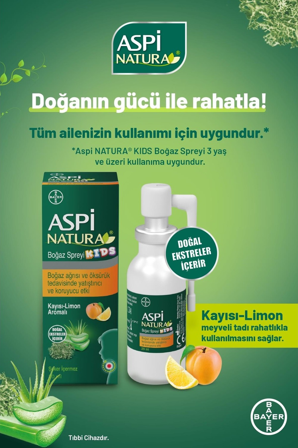 Bayer Aspi Natura Kids Kayısı-Limon Aromalı Boğaz Spreyi 20 Ml