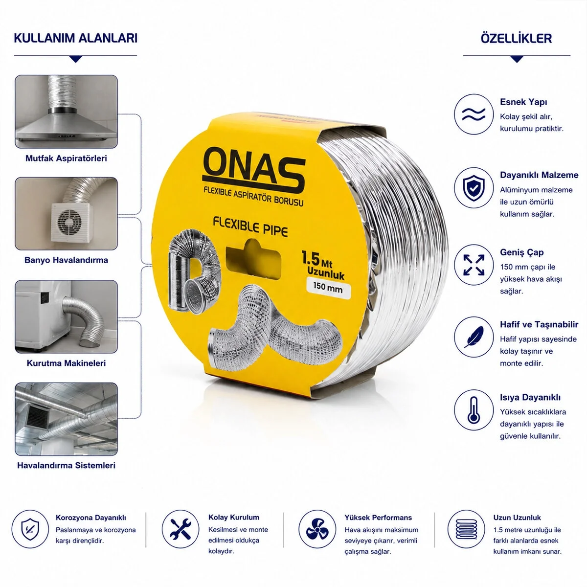 Aspiratör Borusu - Esnek - 150 mm x 1.5 mt Aspiratör Borusu - Esnek - 150 mm x 1.5 mt
