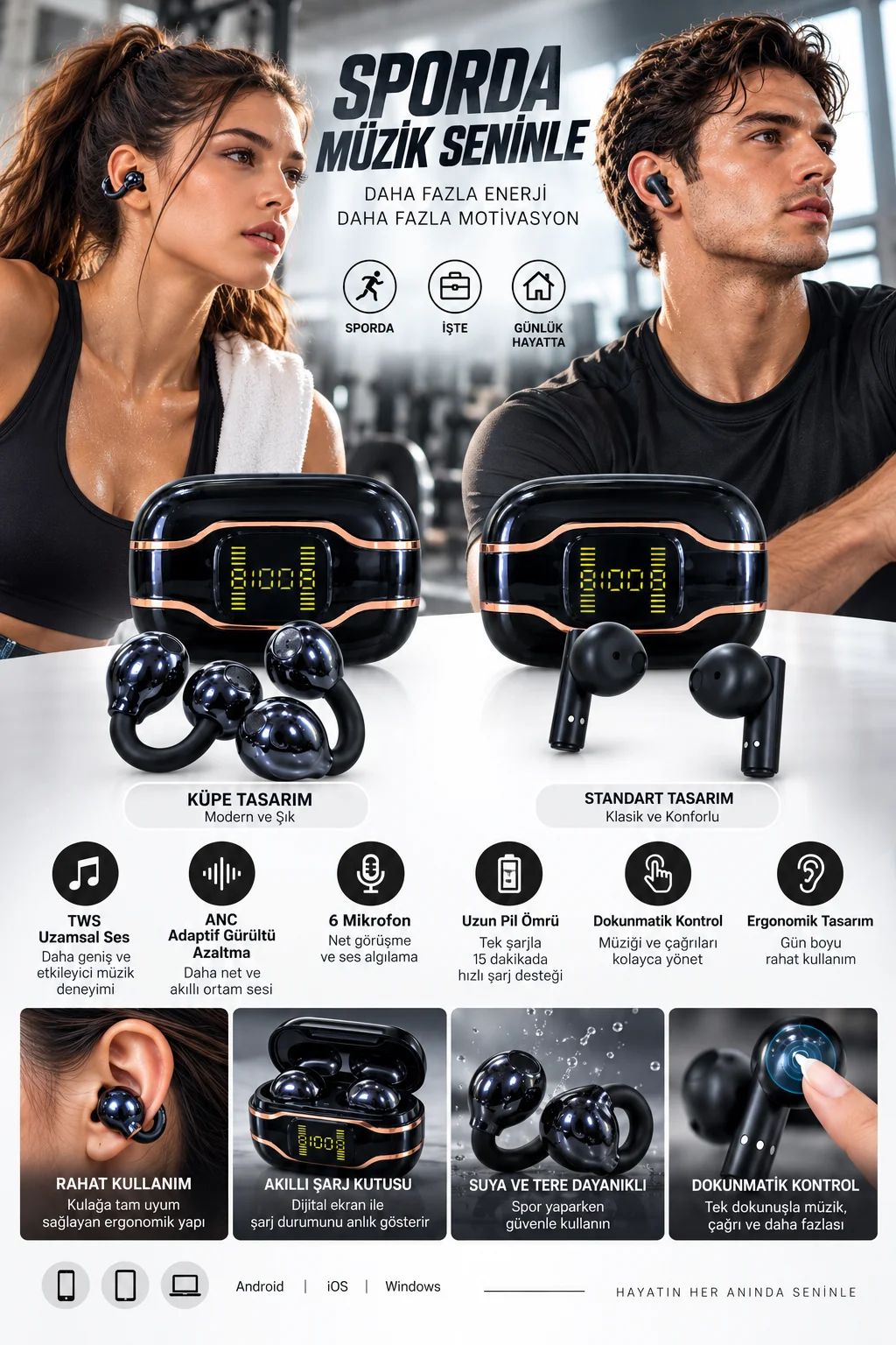 ASTRALTECH 4 Kulaklıklı Bluetooth Kulaklık Seti TWS ANC 6 Mikrofon Kablosuz Şarj Dijital Ekran