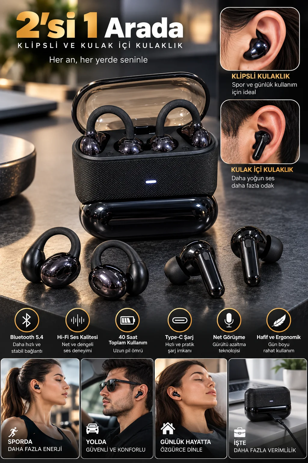 ASTRALTECH Kablosuz Bluetooth Kulaklık 2'si 1 Arada Klipsli ve In Ear 4'lü Set Siyah