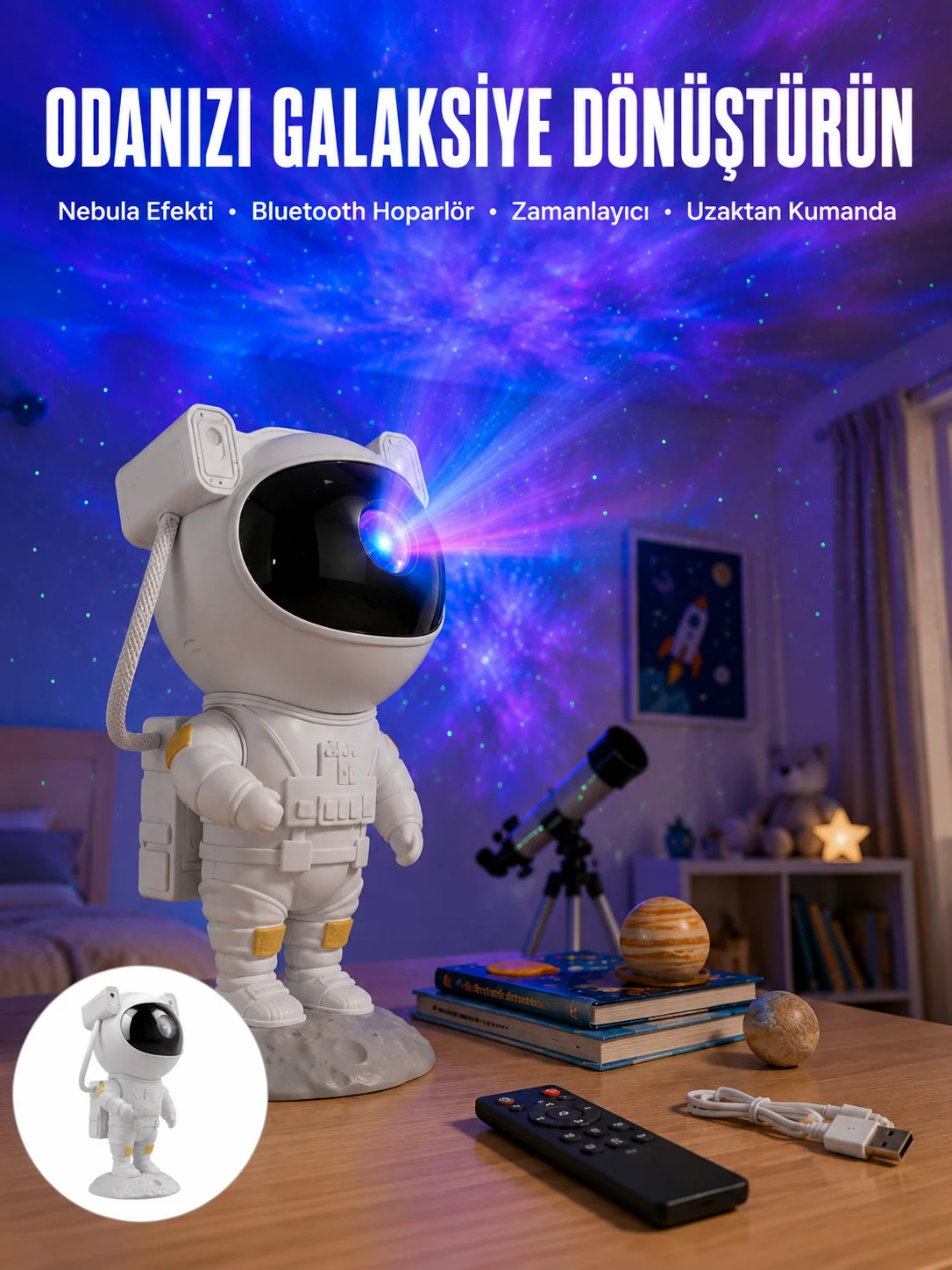 Astronot Bluetooth Hoparlör Gökyüzü Projektör Gece Lambası Astronot Bluetooth Hoparlör Gökyüzü Projektör Gece Lambası