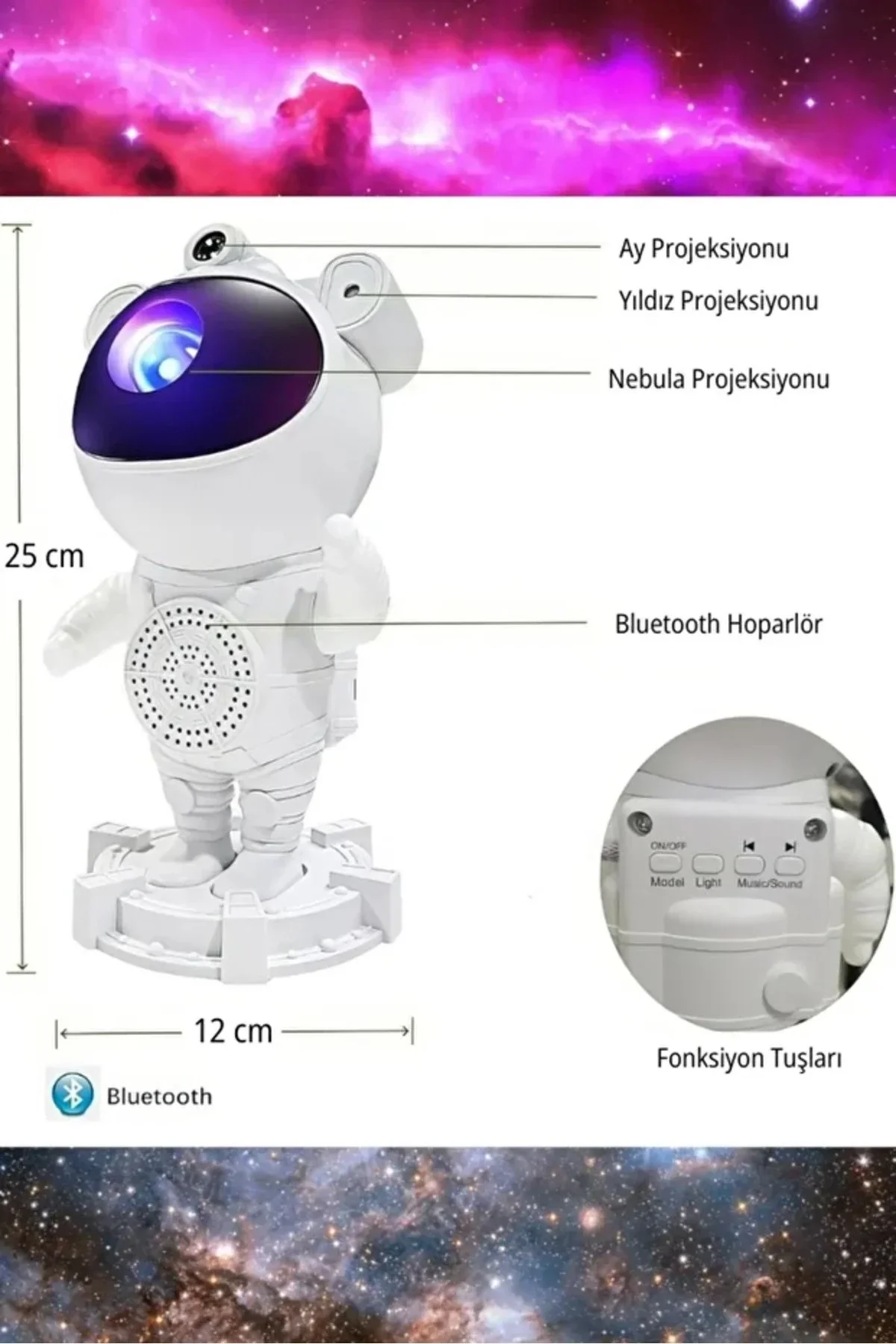 Astronot Bluetooth Hoparlör Bulutsusu Galax yAy Tavan Gökyüzü Projektör Zamanlayıcı Gece Lambası