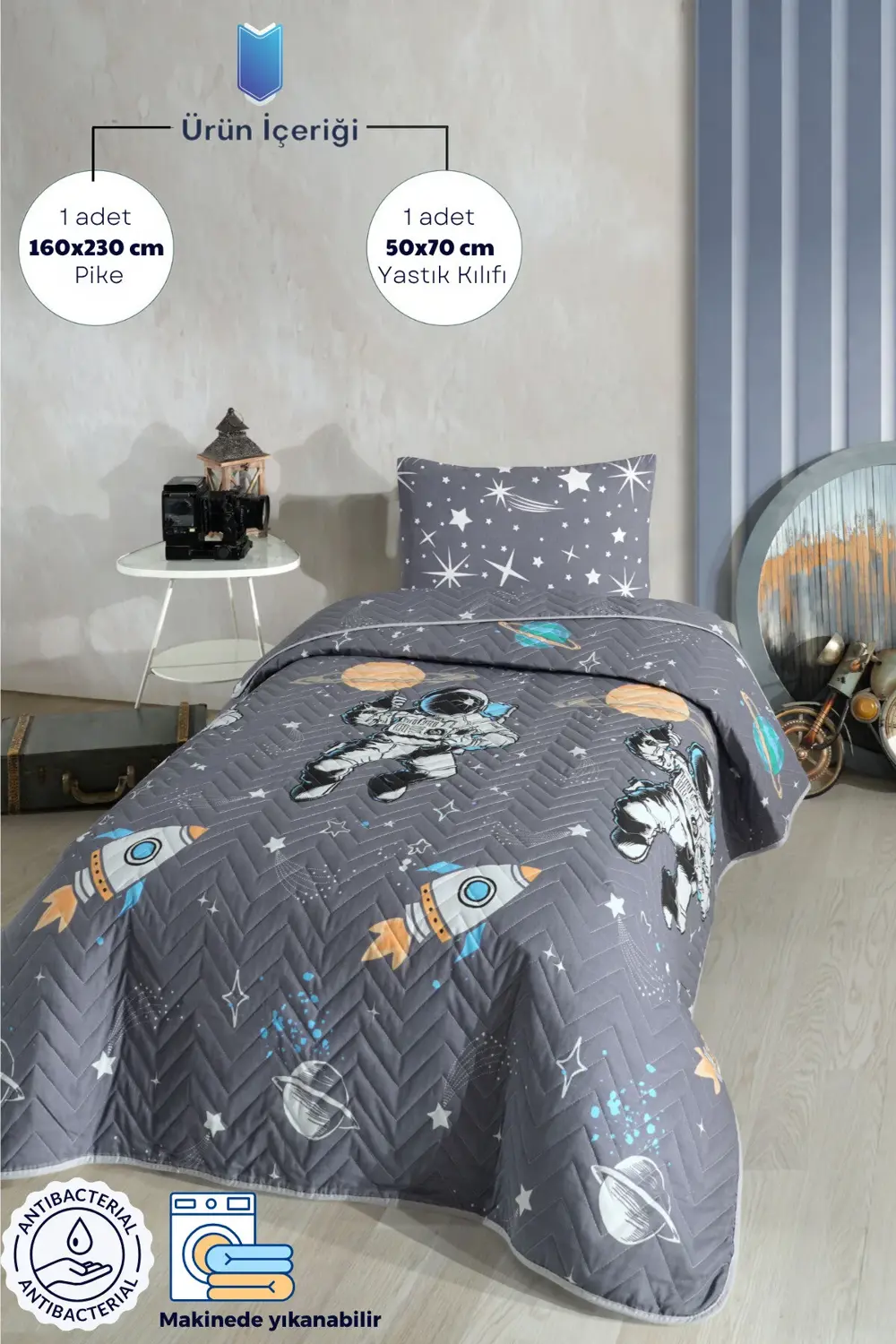 Astronot Desenli Çocuk-Genç Odası Tek Kişilik Pike-Yatak Örtüsü T