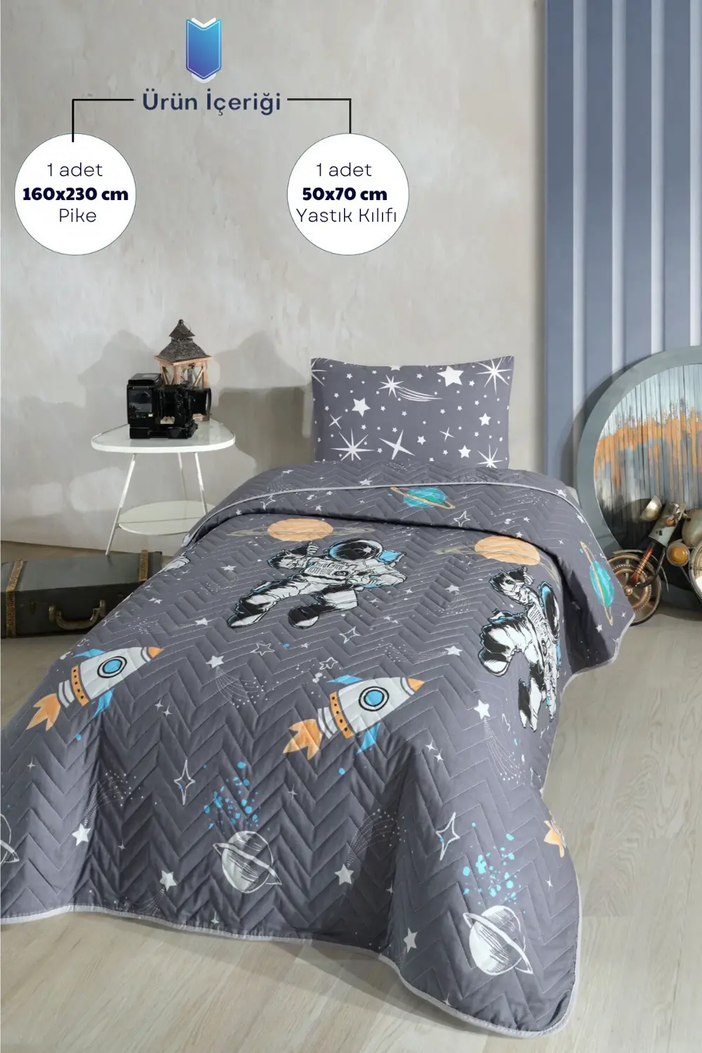 Astronot Desenli Çocuk-Genç Odası Tek Kişilik Pike-Yatak Örtüsü T