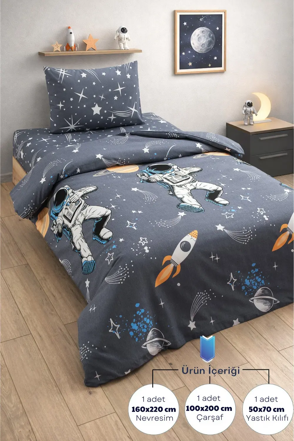 Astronot Desenli Lastikli Çarşaflı Nevresim Takımı – Çocuk & Genç
