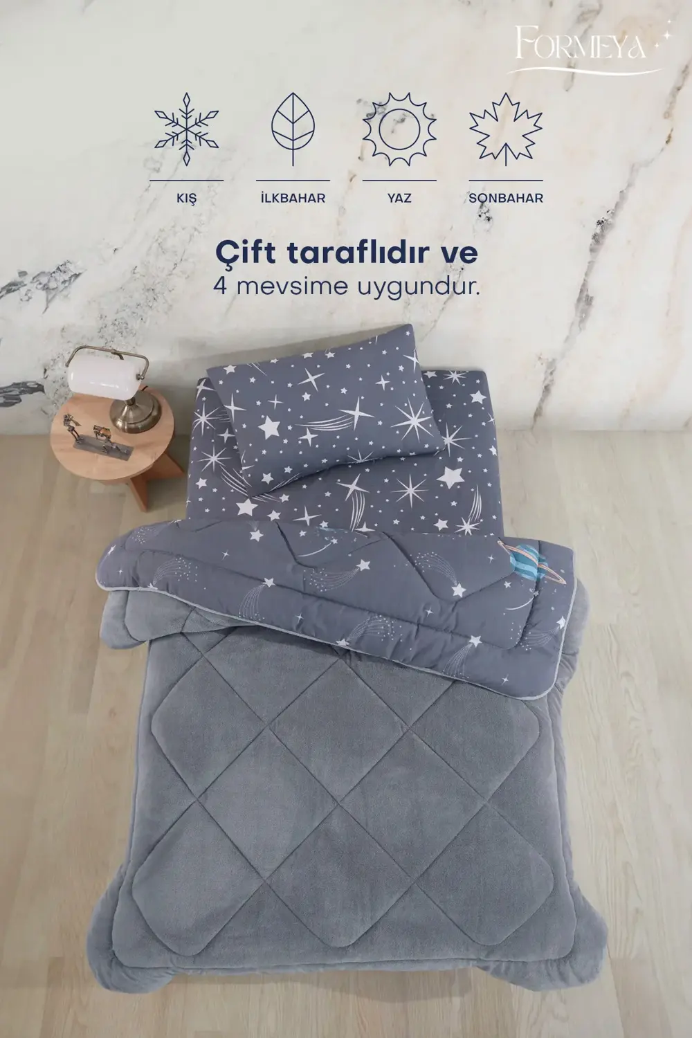 Astronot Desenli Tek Kişilik Çift Taraflı Wellsoft Yorgan ve Yast