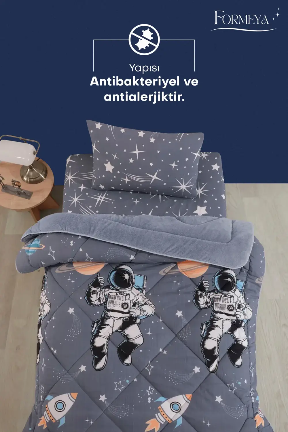 Astronot Desenli Tek Kişilik Çift Taraflı Wellsoft Yorgan ve Yast
