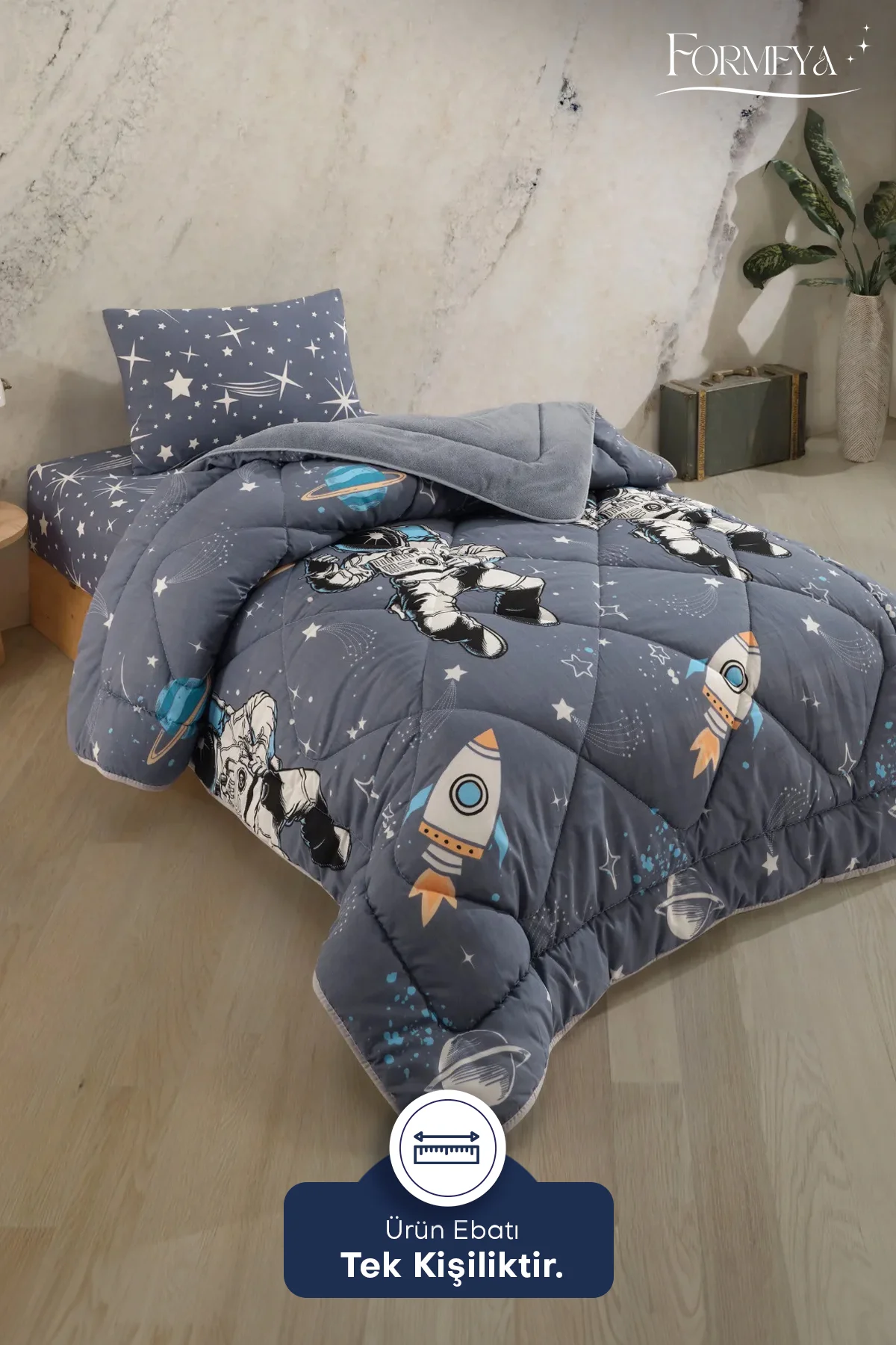 Astronot Desenli Tek Kişilik Çift Taraflı Wellsoft Yorgan ve Yast