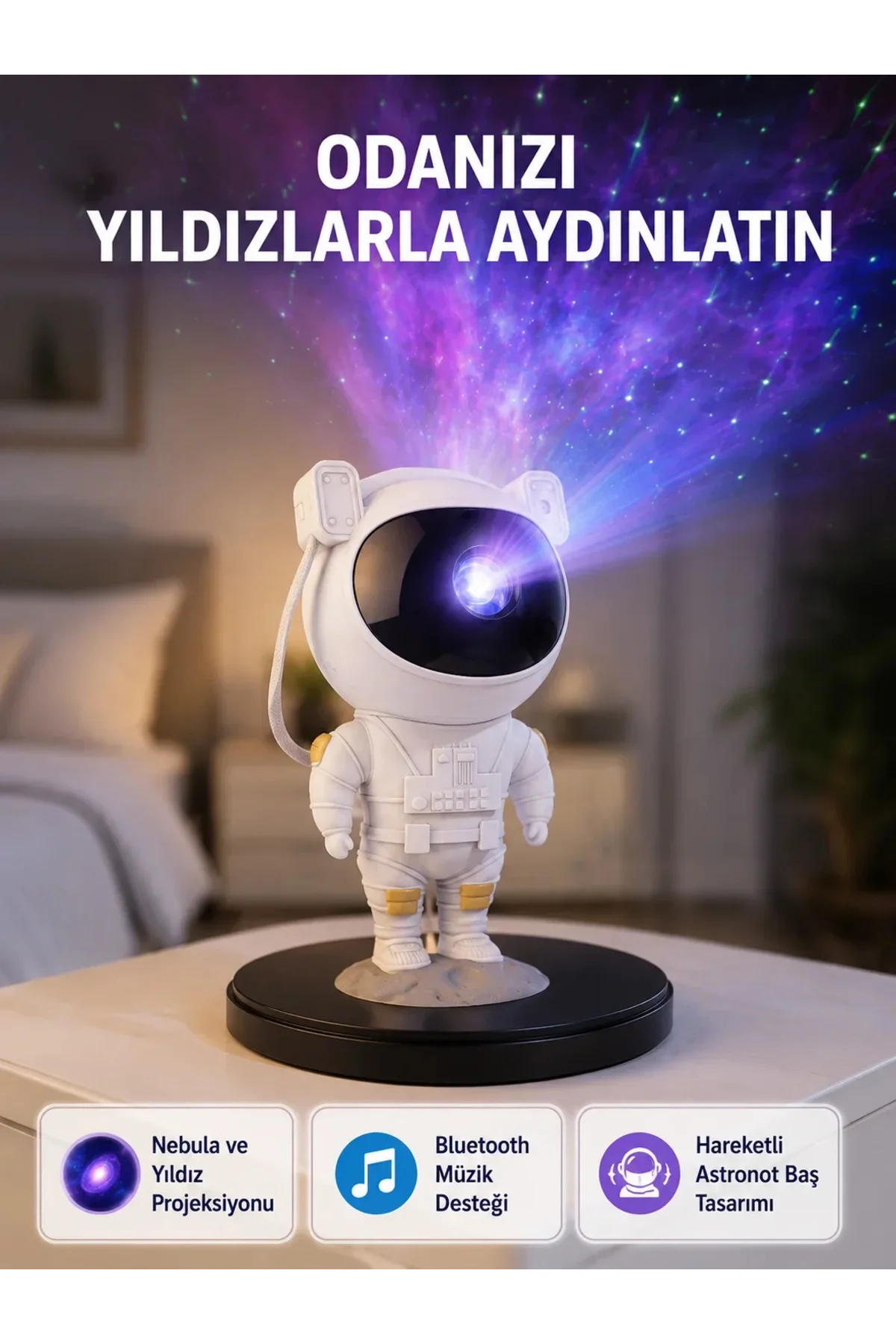Astronot Projeksiyon Lambası Bluetooth Müzikli ve Uzaktan Kumandalı