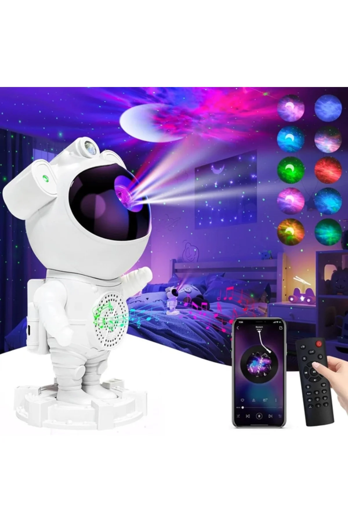 Astronot Tasarımlı Bluetooth Hoparlörlü HD Yıldız Projeksiyonlu Dekoratif Gece Lambası