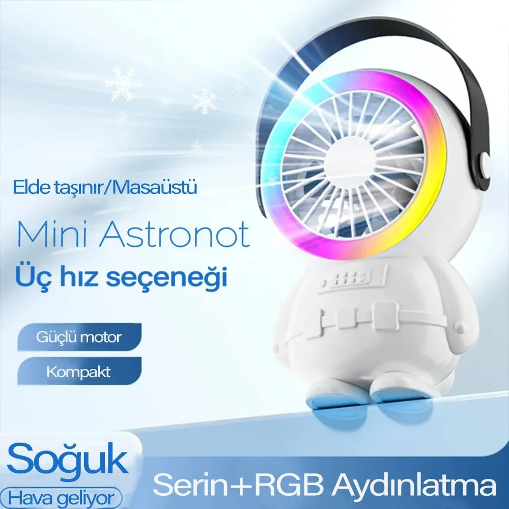Astronot Taşınabilir Şarjlı Fan - RGB Masa Üstü Vantilatör 1500mAh