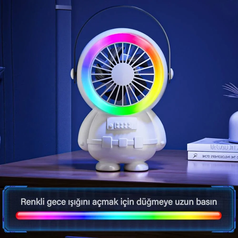 Astronot Taşınabilir Şarjlı Fan - RGB Masa Üstü Vantilatör 1500mAh