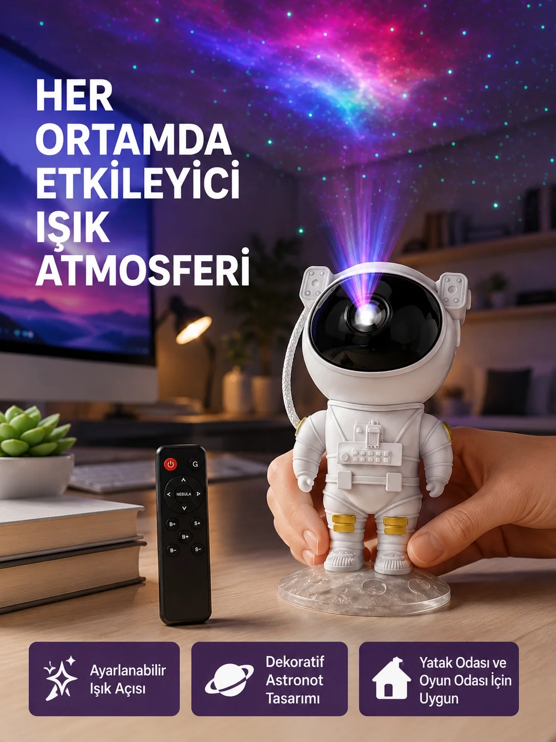 Astronot Yıldız Projeksiyon Lambası 8 Efektli Uzaktan Kumandalı Gece Işığı