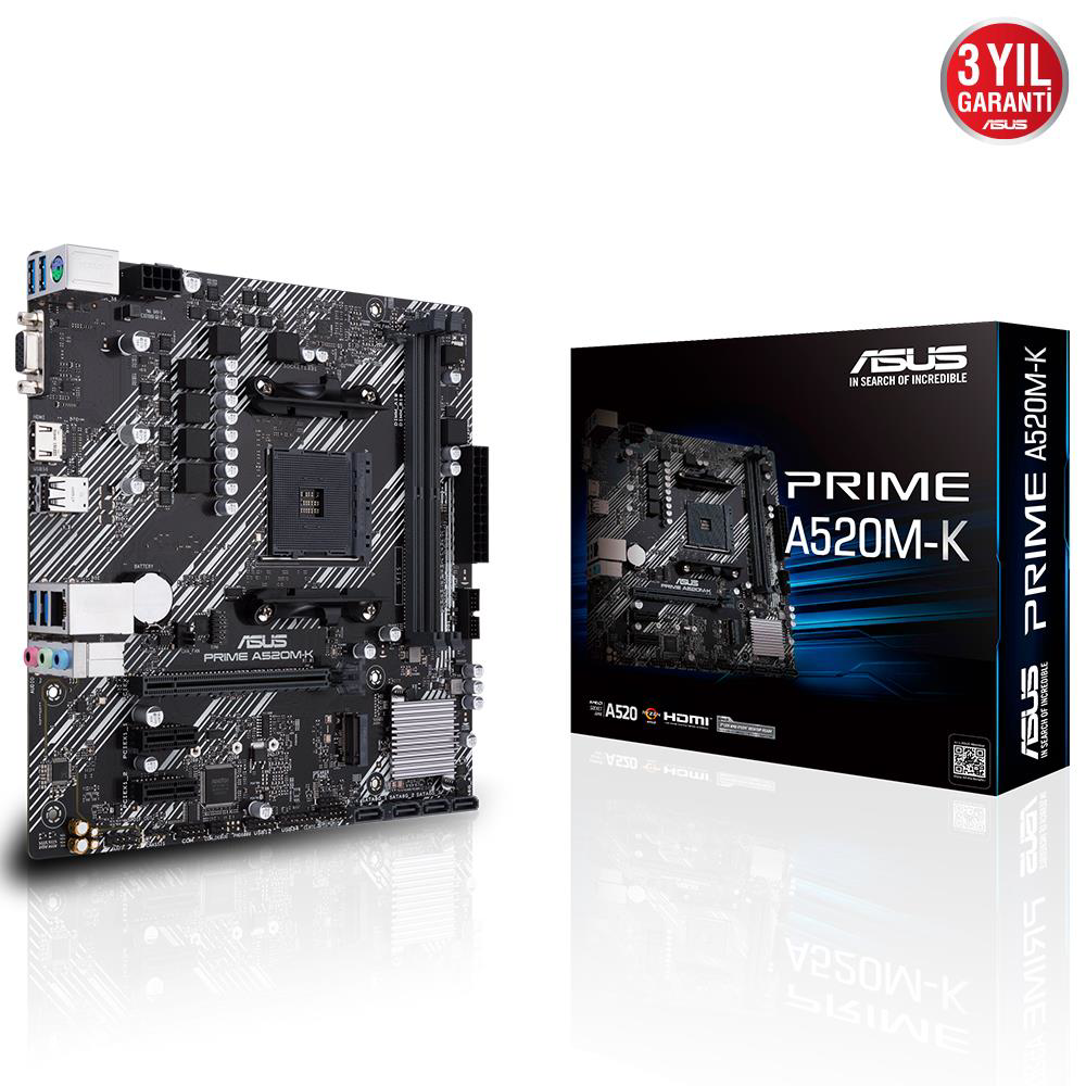 Asus Prime A520M-K AMD AM4 64GB DDR4 4600Mhz M2 Vga-Hdmi mATX Ana