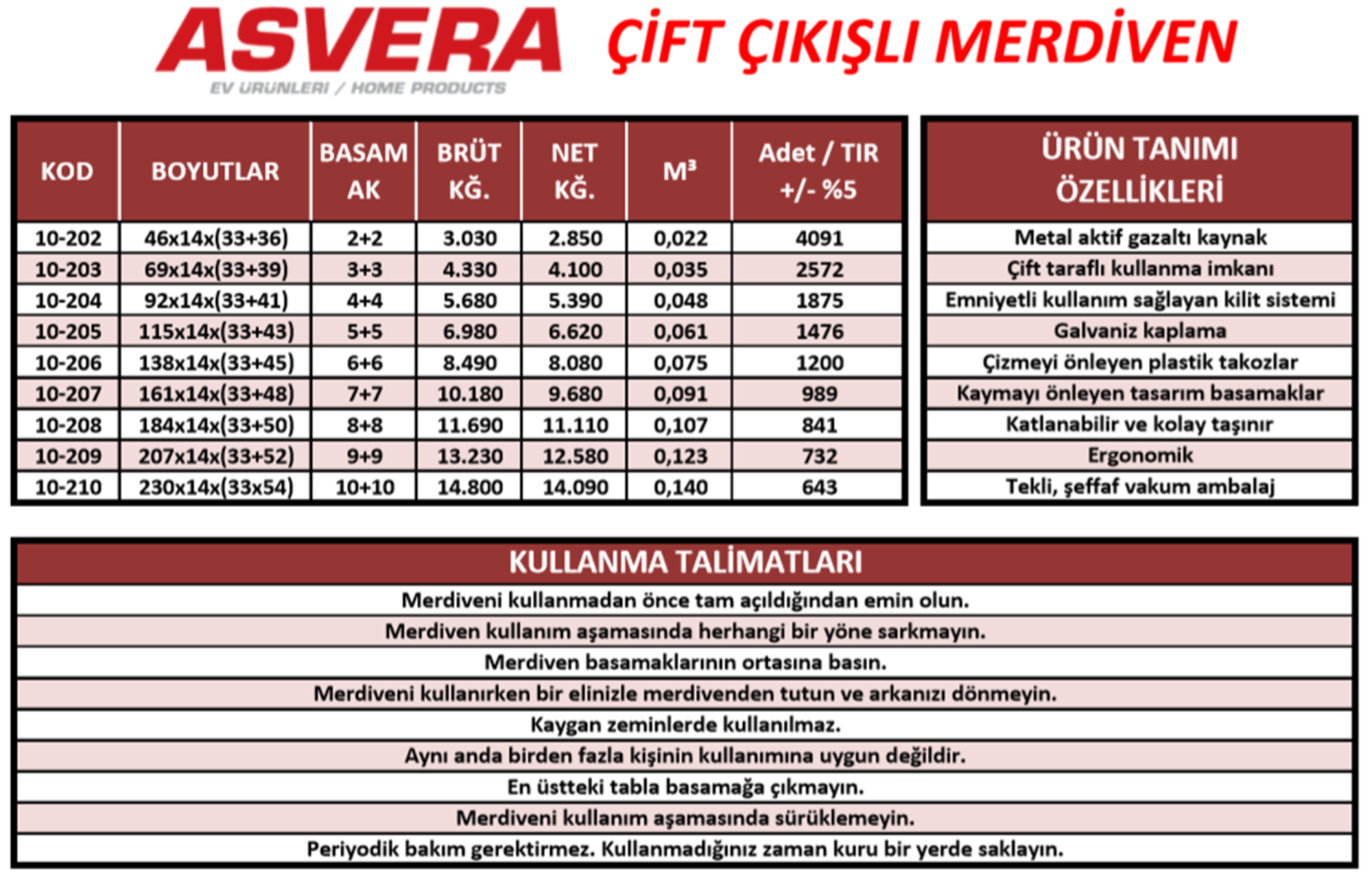 Asvera  6+6 Çift Çıkışlı Profil Merdiven – Hafif, Dayanıklı, Ev & 