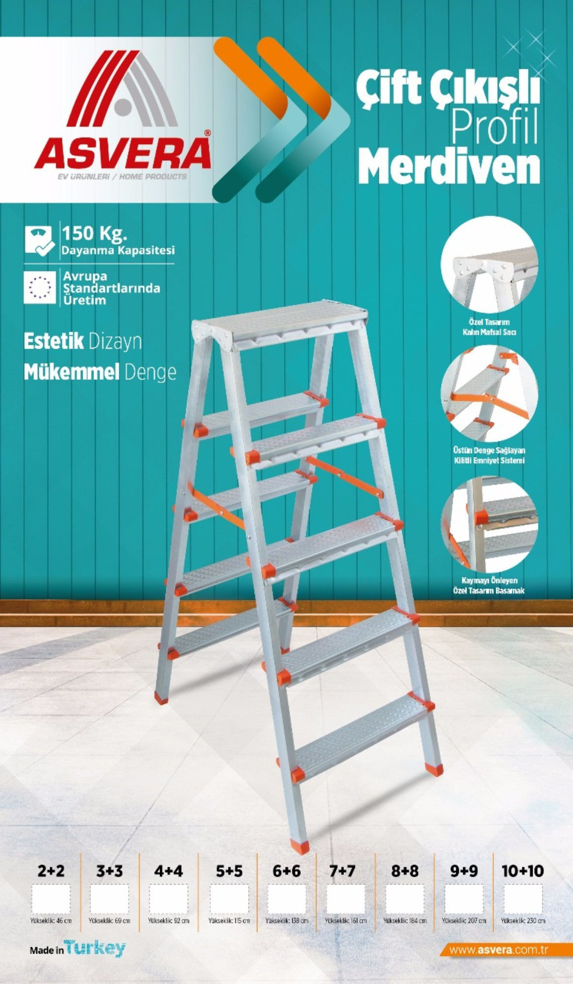 Asvera  6+6 Çift Çıkışlı Profil Merdiven – Hafif, Dayanıklı, Ev & 