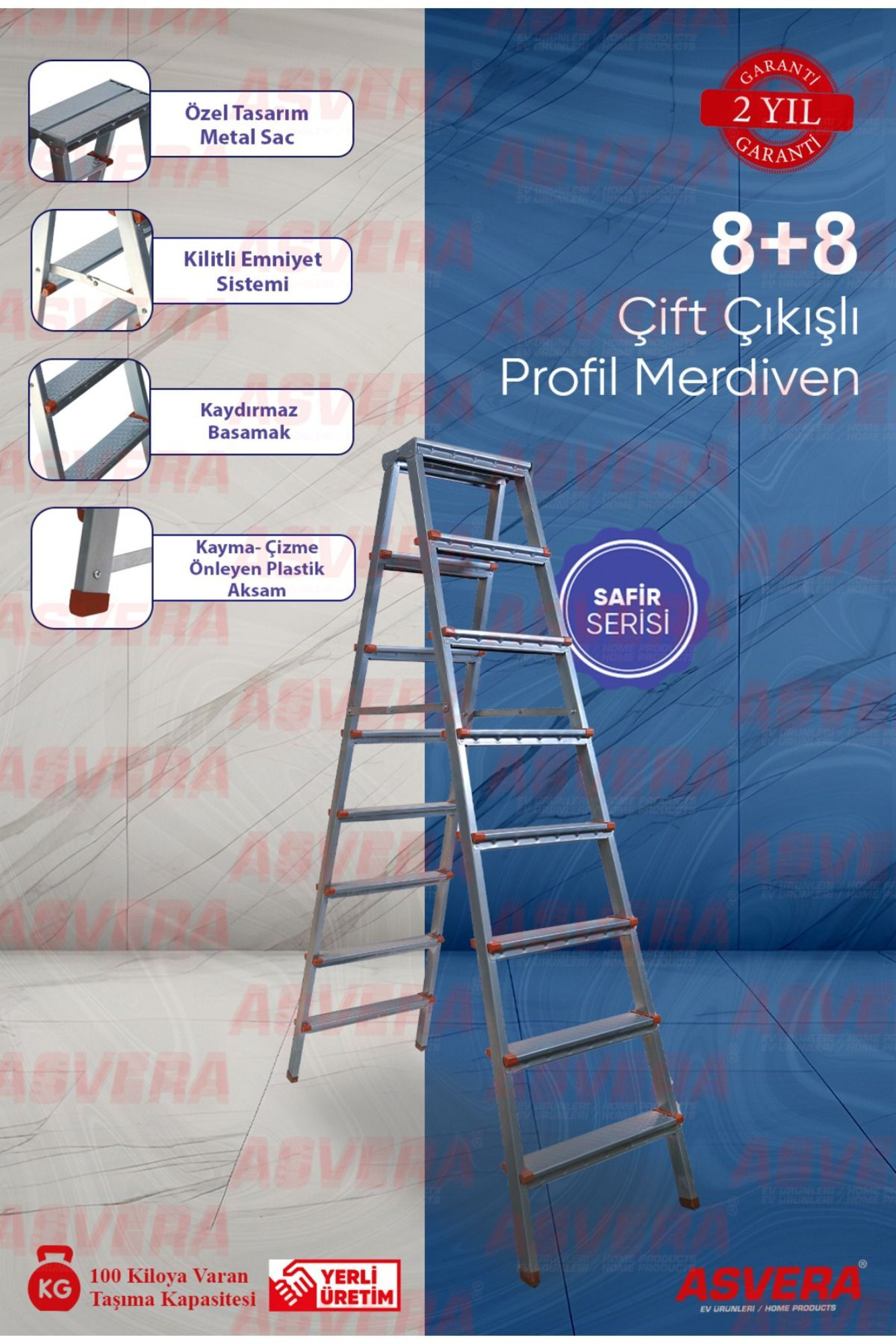 Asvera  8+8 Çift Çıkışlı Profil Merdiven – Dayanıklı, Hafif, Ev & 