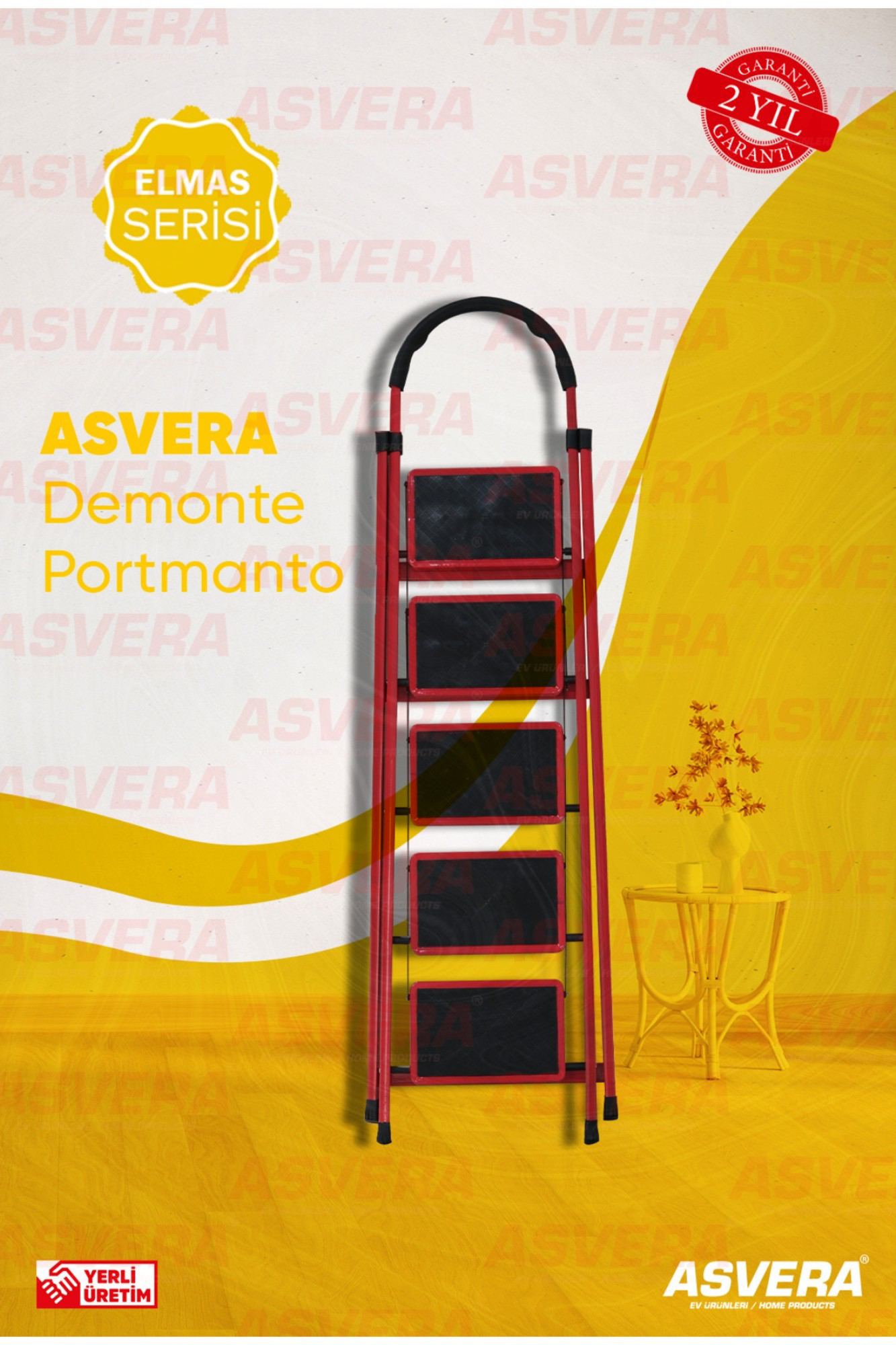 Asvera  Patika 5’Li Ev Tipi Merdiven – Hafif, Kırmızı, Dayanıklı V