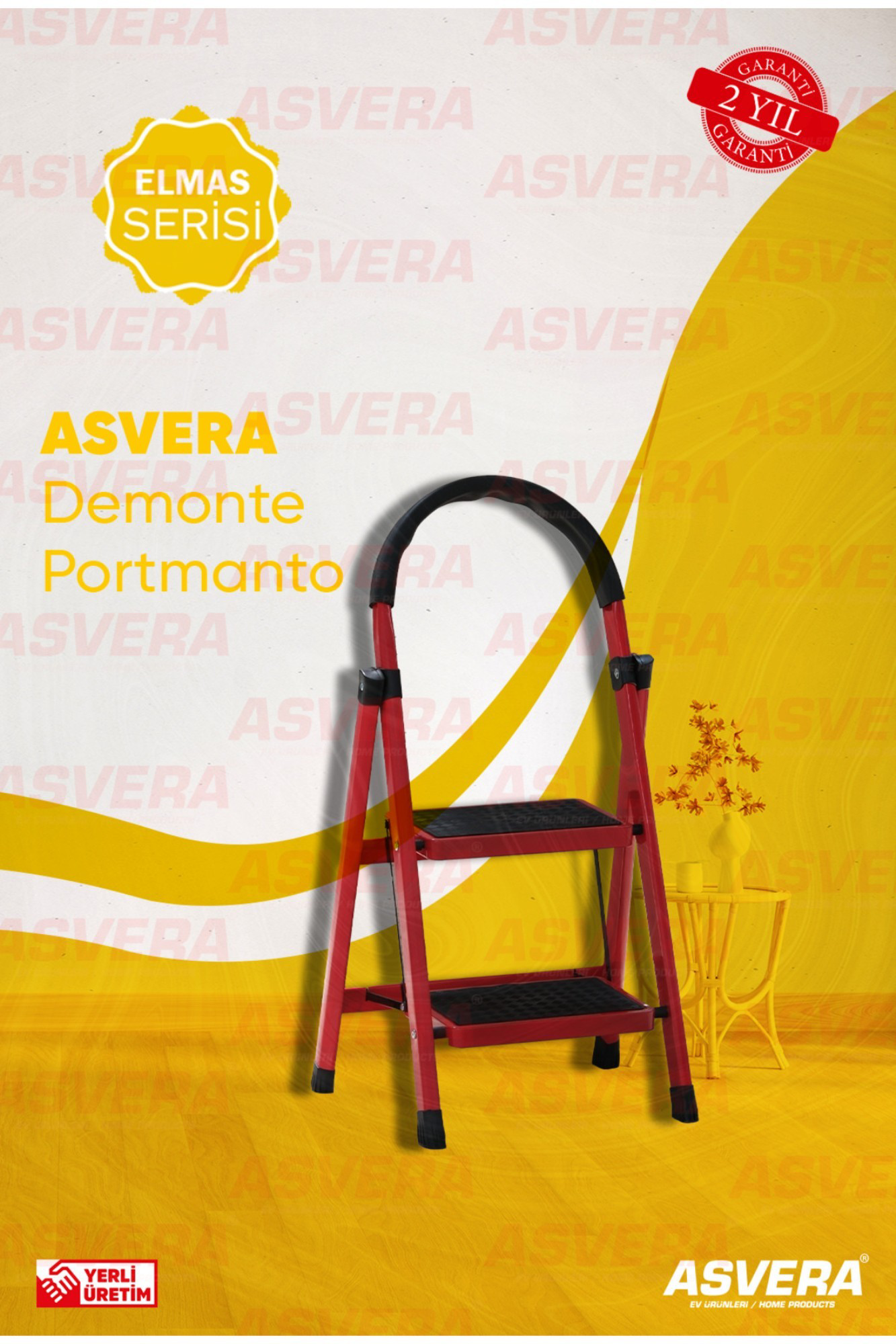 Asvera  Patika 2’Li Ev Tipi Merdiven – Kırmızı Renk, Hafif, Kaymaz