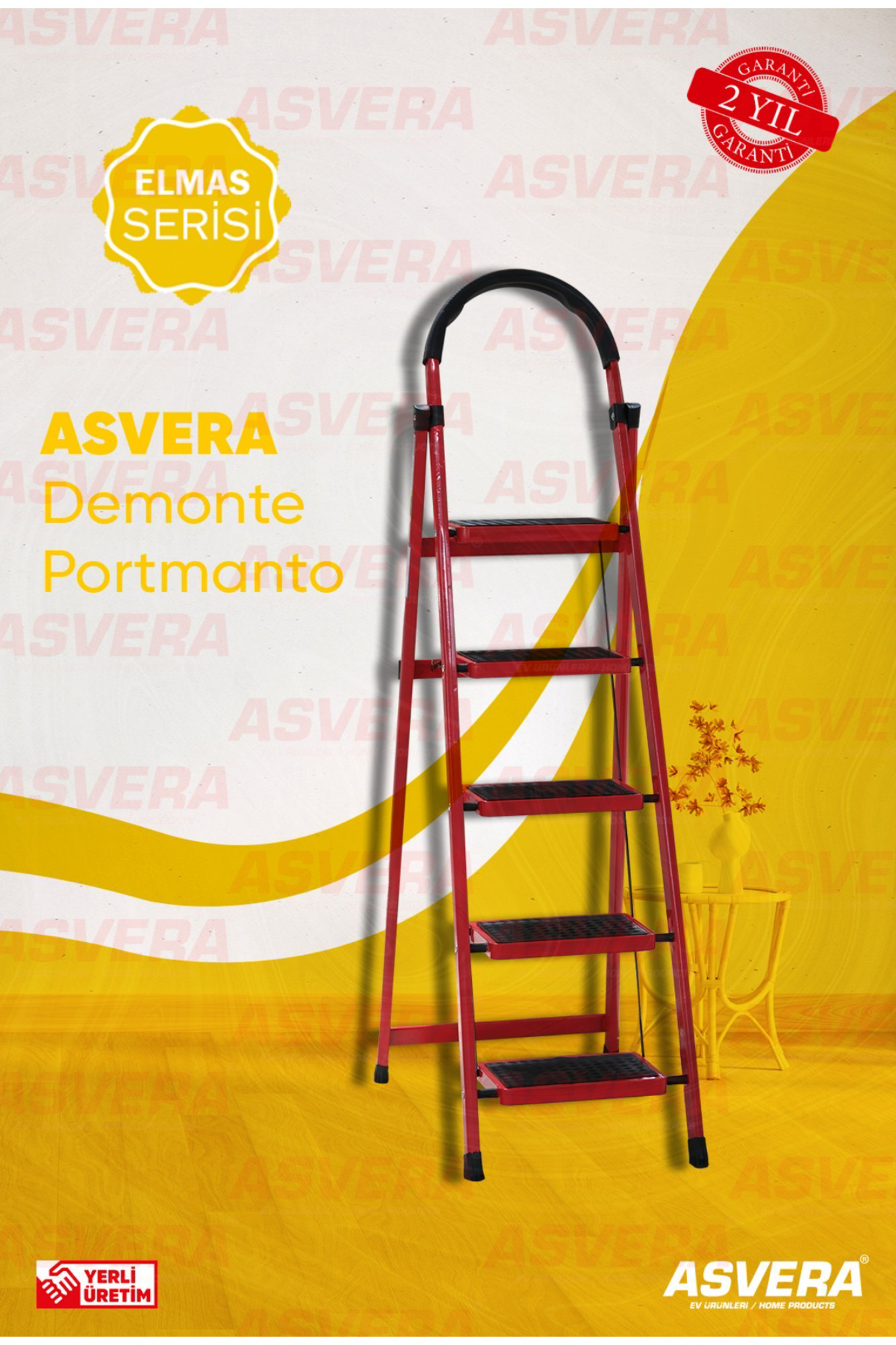 Asvera  Patika 5’Li Ev Tipi Merdiven – Hafif, Kırmızı, Dayanıklı V