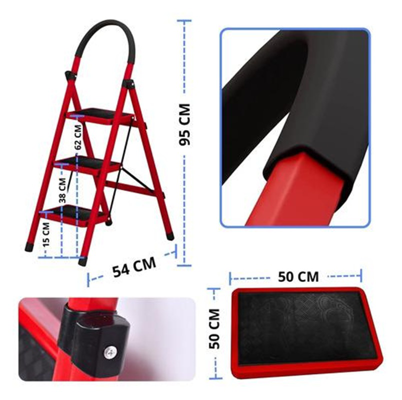 Asvera  Patika 3’Lü Ev Tipi Merdiven – Zarif Kırmızı, Hafif, Kayma