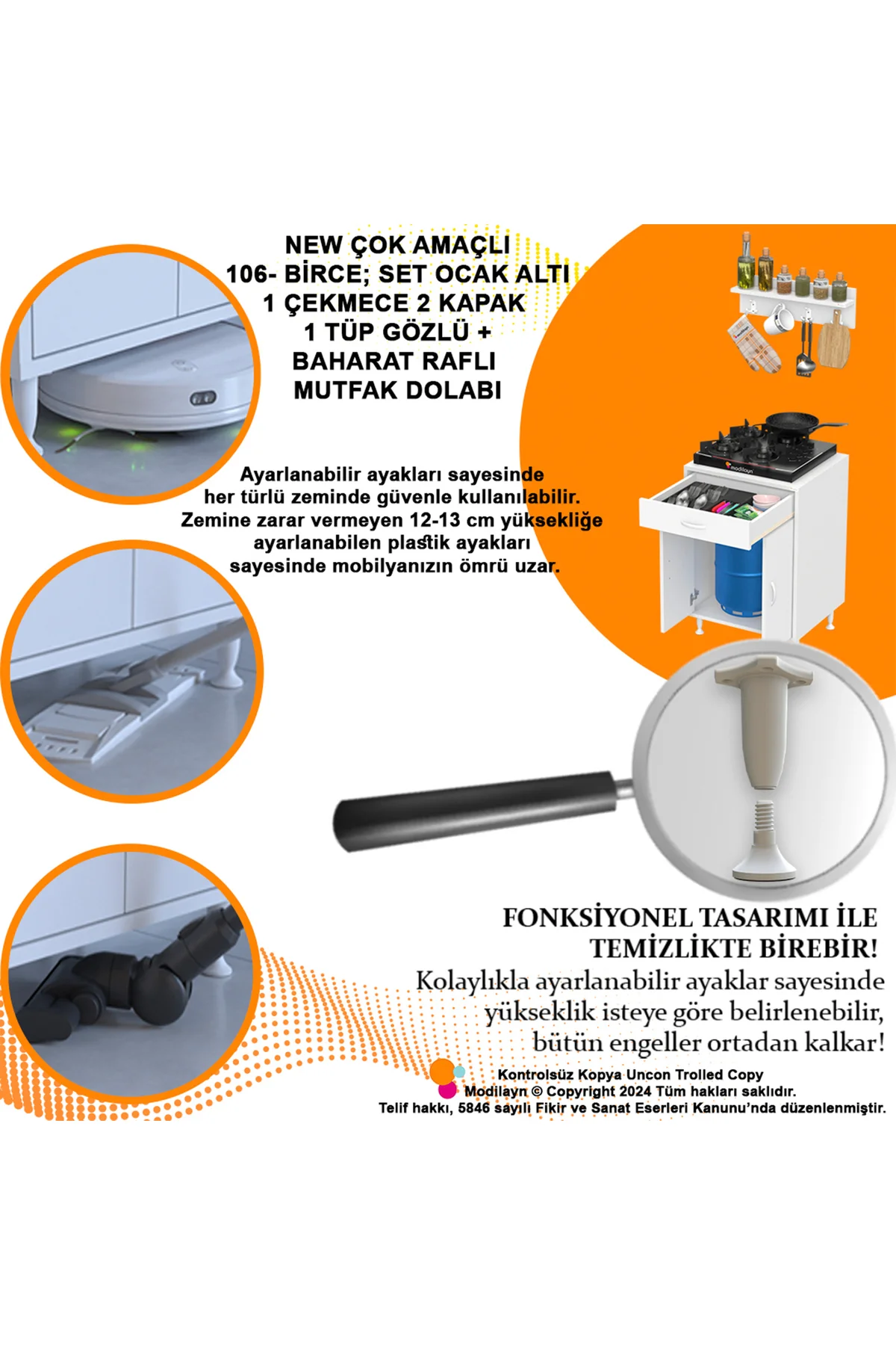 Asya Beyaz Set Ocak Altı 65 cm Tüp Hazneli Mutfak Dolabı 65x88x56