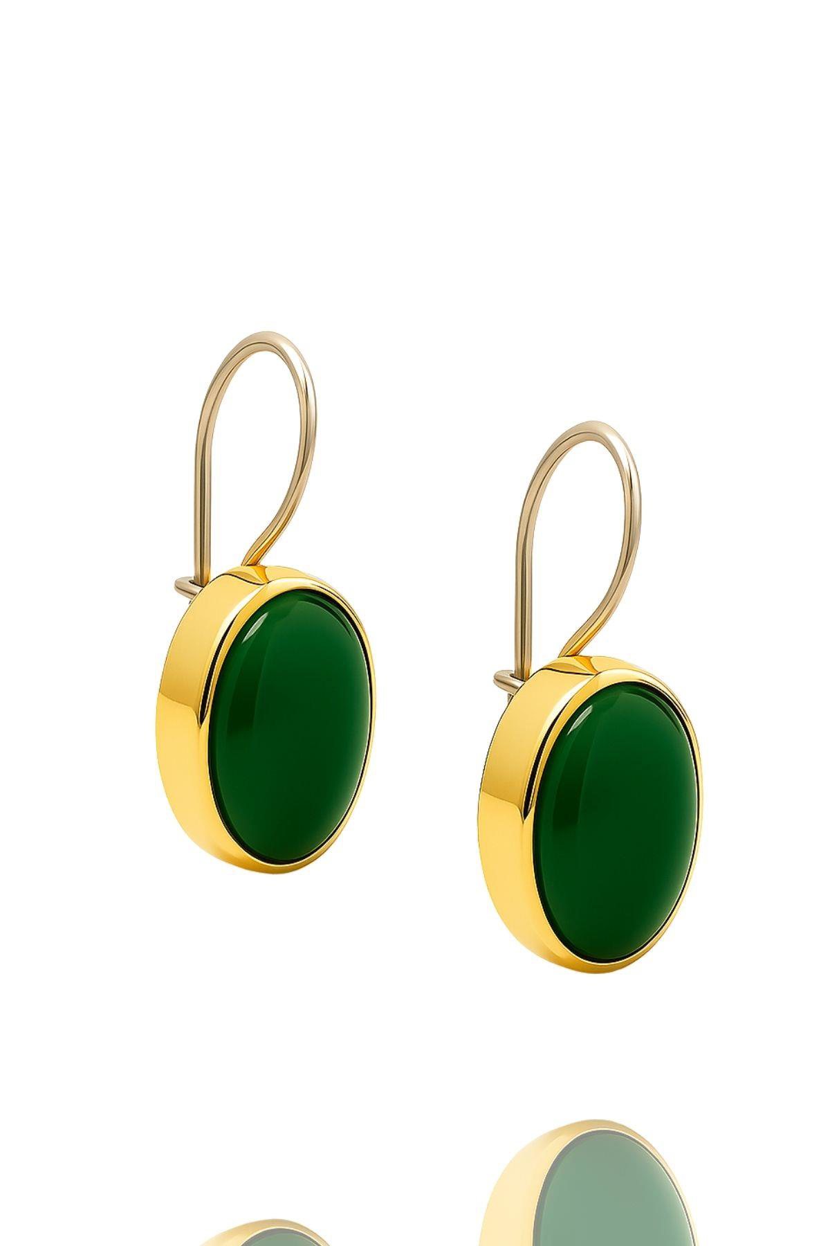 Beyisa Asya Serisi El İşi Gümüş Yeşil Akik Taşlı Bayan Küpe