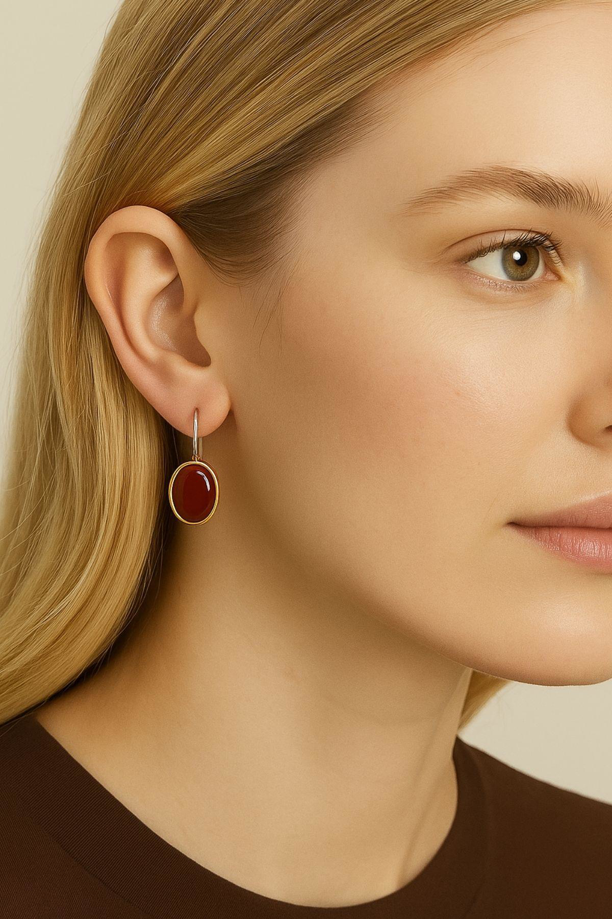 Beyisa Asya Serisi El İşi Gümüş Akik Taşlı Bayan Küpe