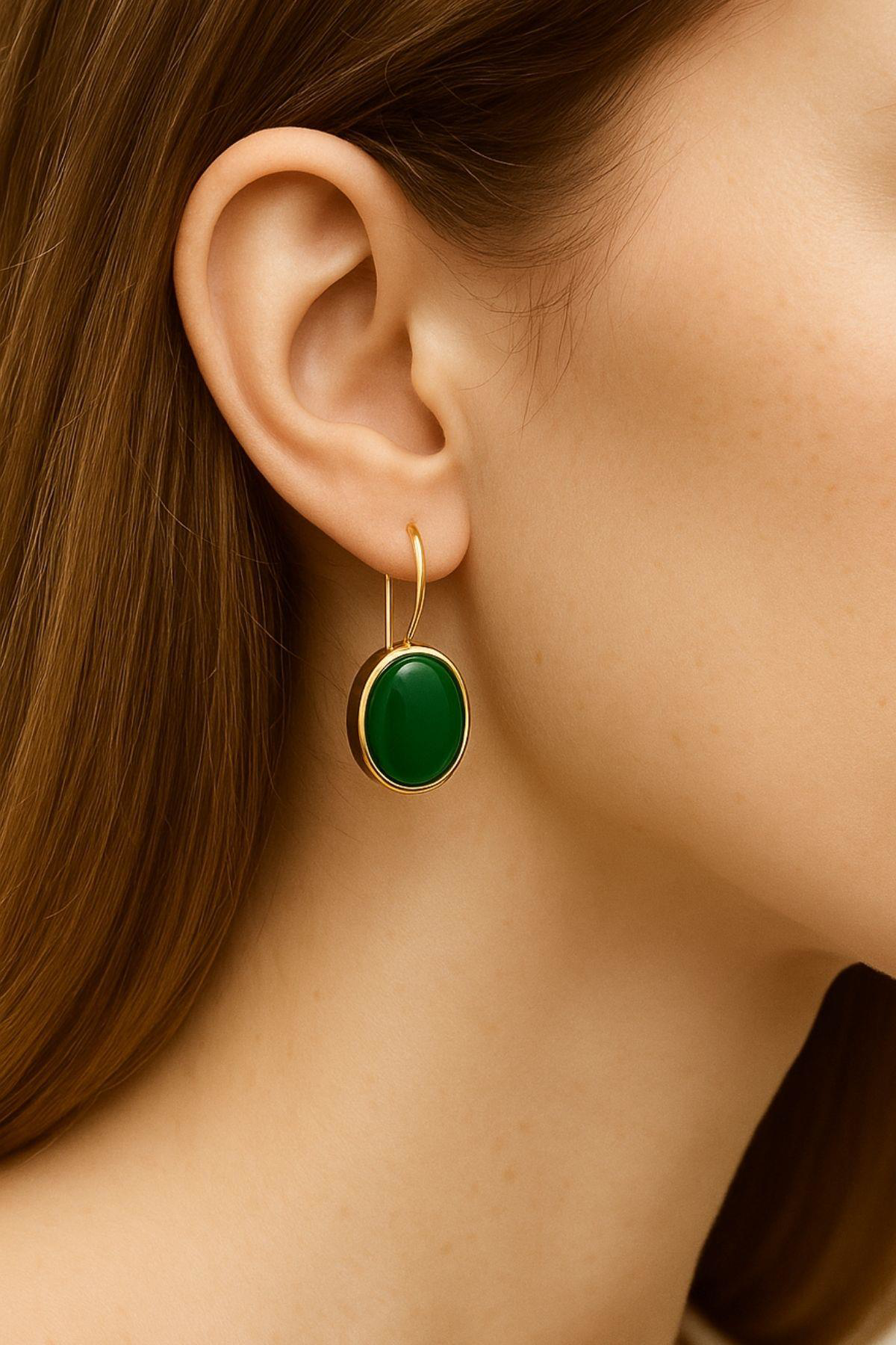 Beyisa Asya Serisi El İşi Gümüş Yeşil Akik Taşlı Bayan Küpe