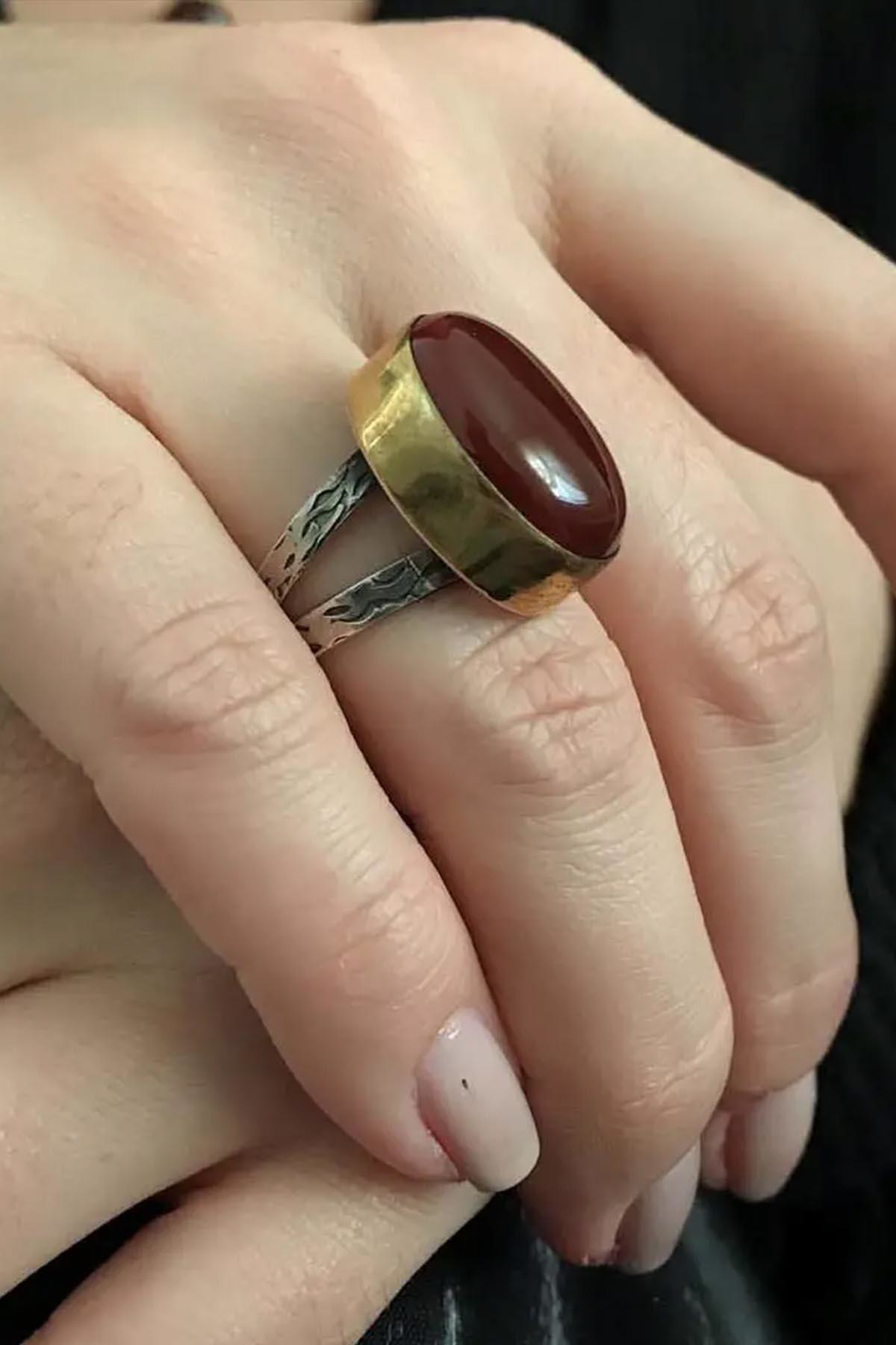 Asya Serisi Gümüş Kırmızı Akik Taşlı Bayan Yüzük