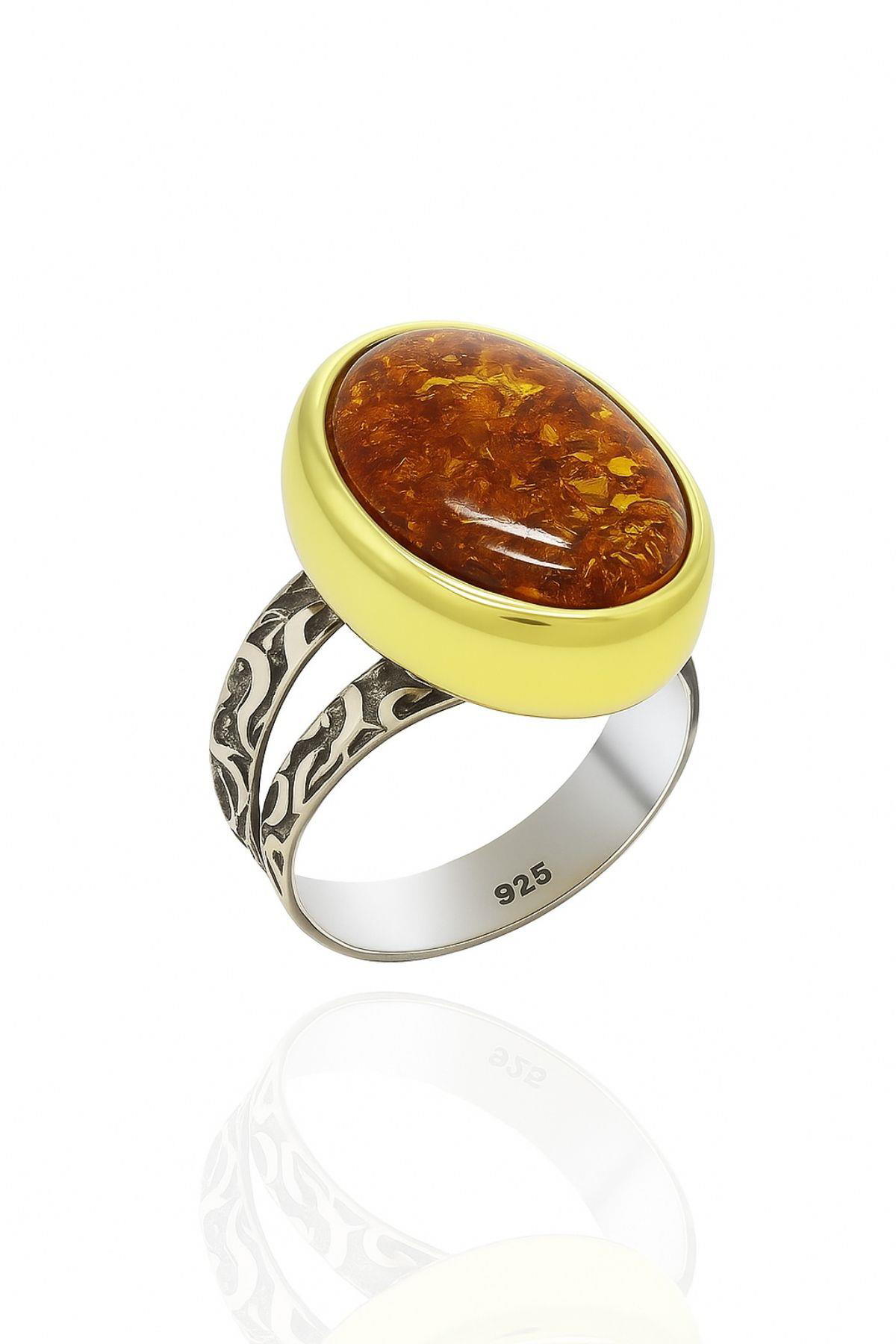 Asya Serisi Gümüş Kehribar Benzetmesi Zirkon Taşlı Bayan Yüzük