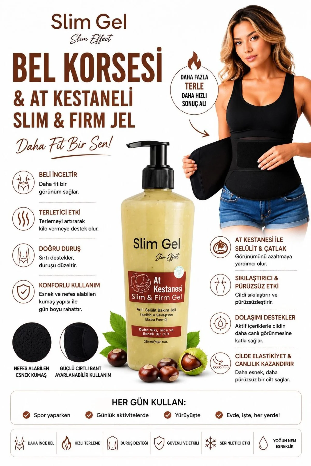 At Kestaneli Jel 250 ml ve Termal Bel Korsesi 2'li Set Bel Bölges