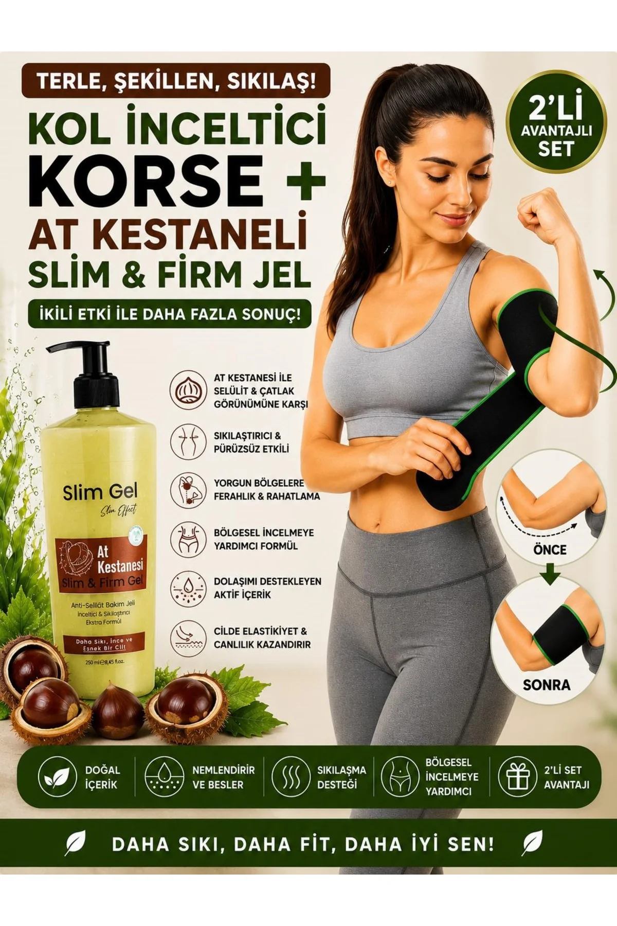At Kestanesi Özlü Slim Jel 250 ml ve Termal Kol Korsesi 2'li Set 