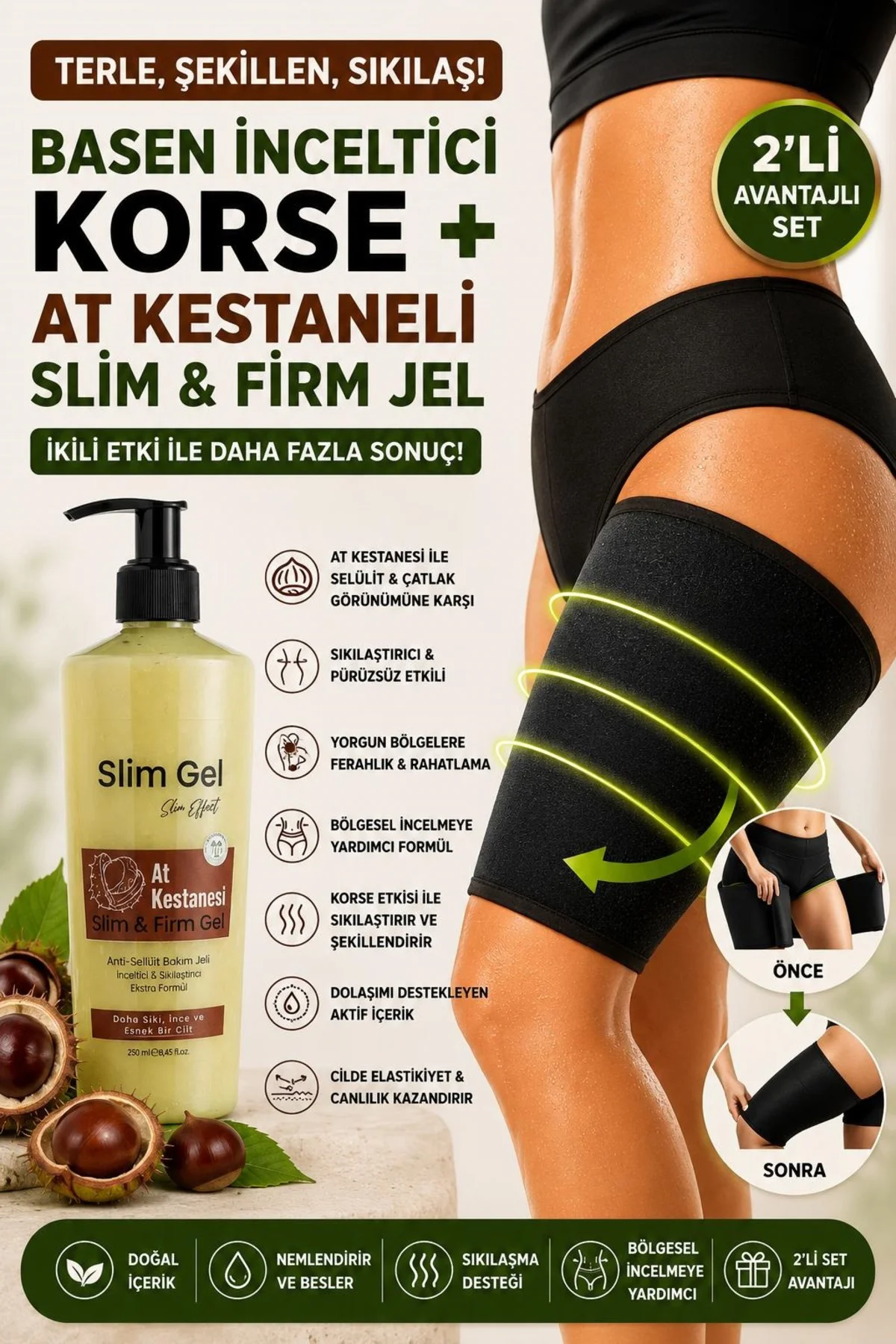At Kestanesi Özlü Slim Jel 250 ml ve Termal Basen Korsesi 2'li Se