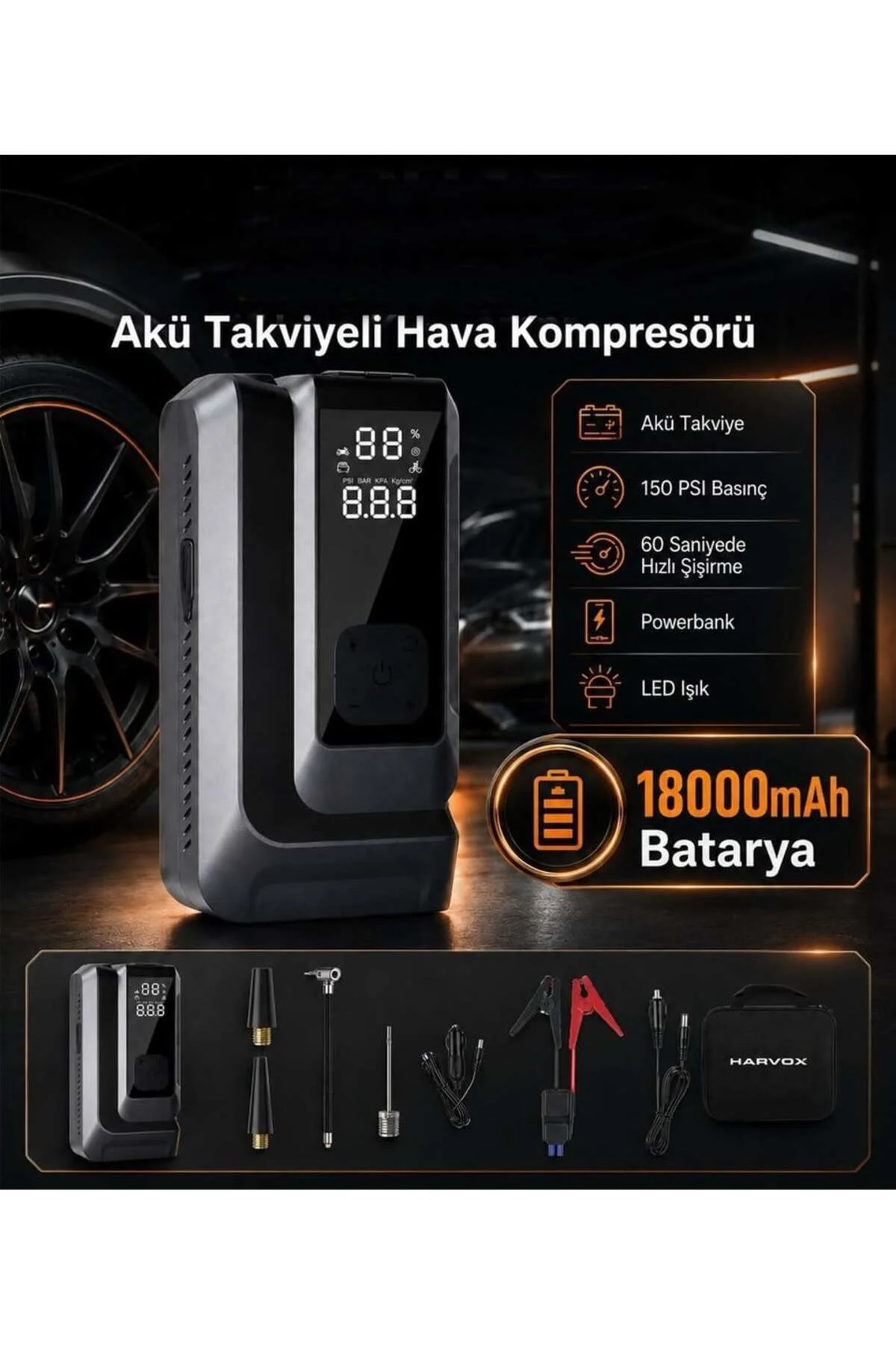 AT006 Akü Takviyeli Hava Kompresörü | 4'ü 1 Arada Powerbank, Hava AT006 Akü Takviyeli Hava Kompresörü | 4'ü 1 Arada Powerbank, Hava