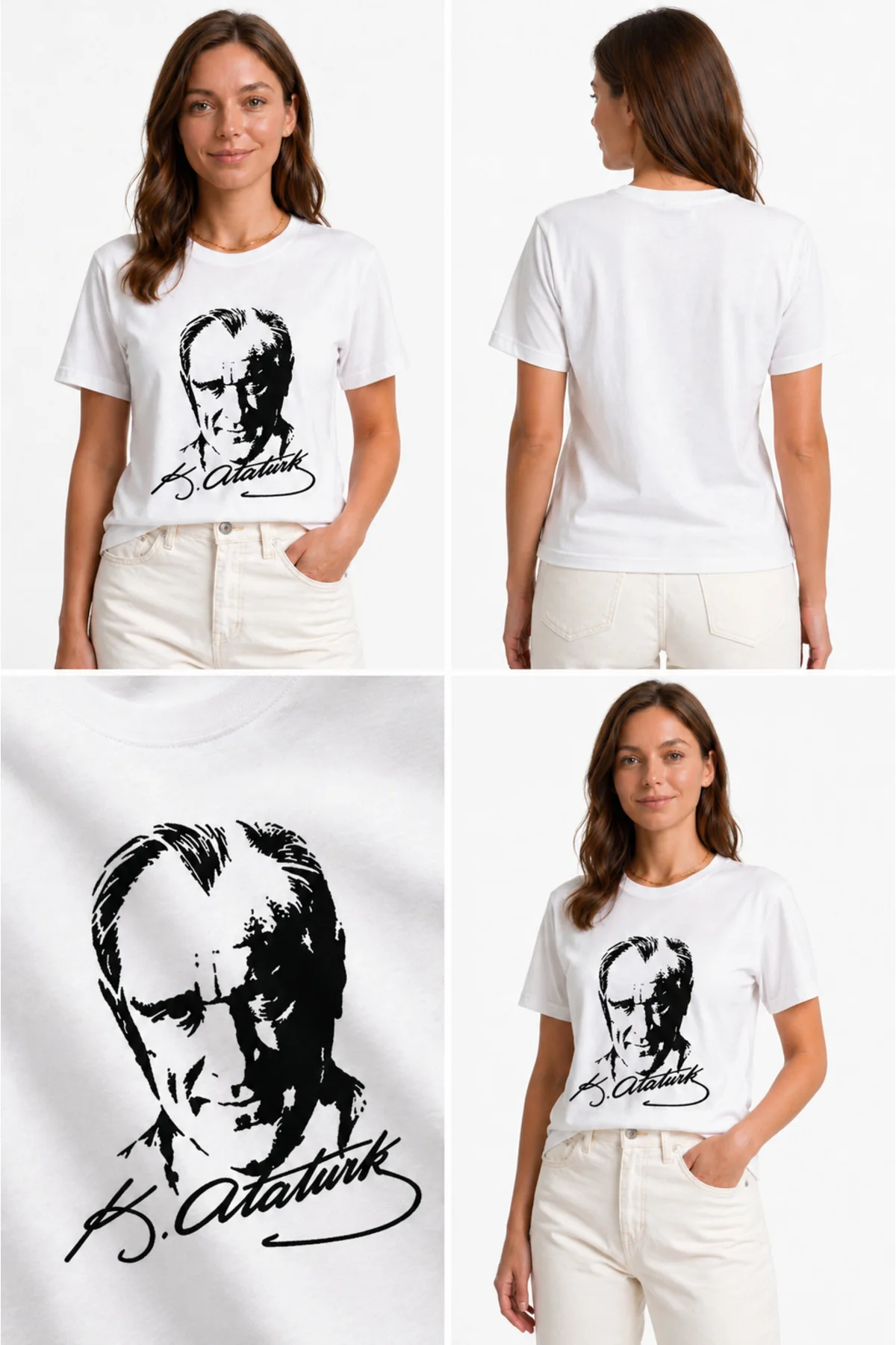 Atatürk Baskılı Beyaz Tişört Unisex %100 Pamuk Rahat Kalıp Günlük