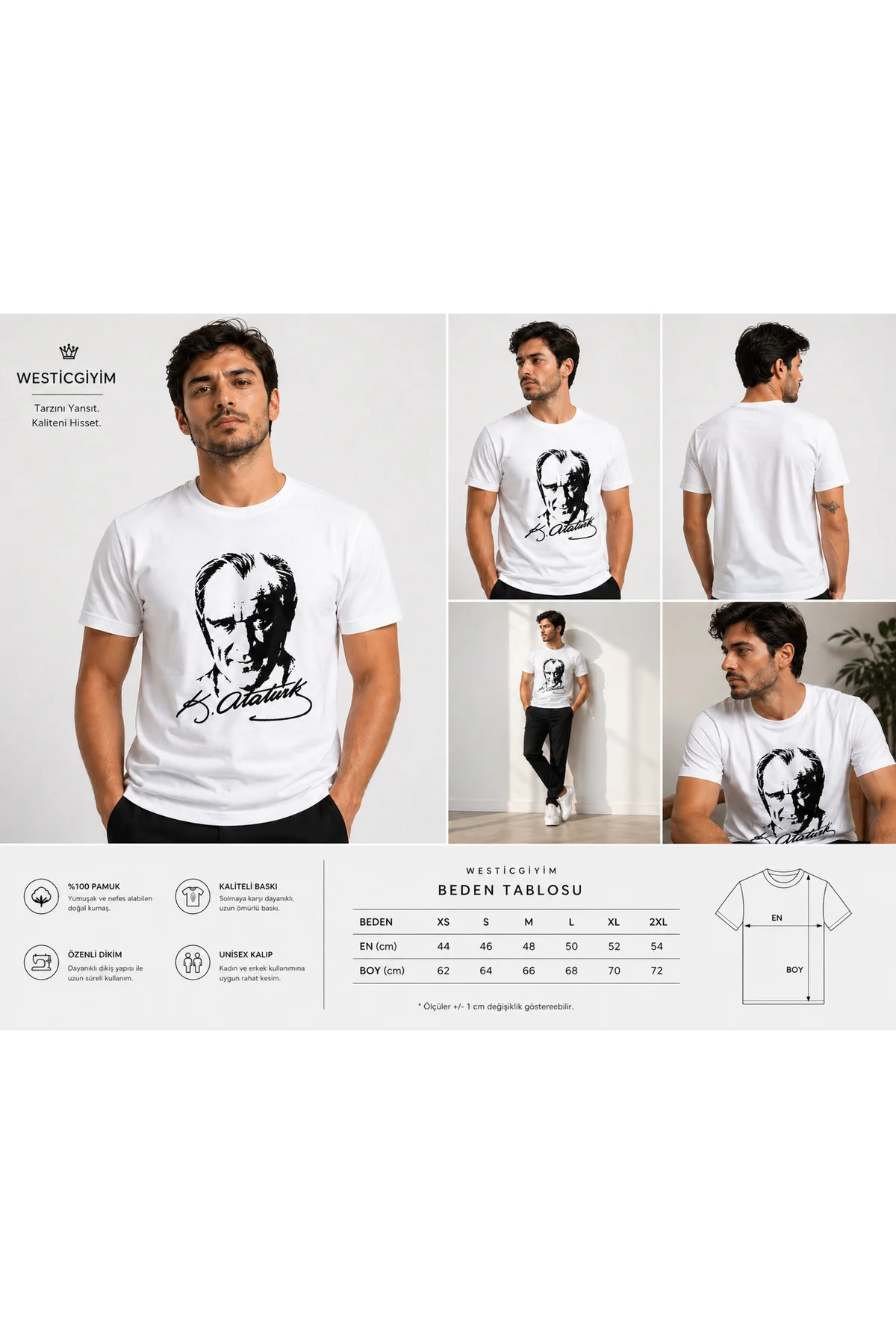 Atatürk Baskılı Beyaz Tişört Kadın Unisex %100 Pamuk Rahat Kalıp 