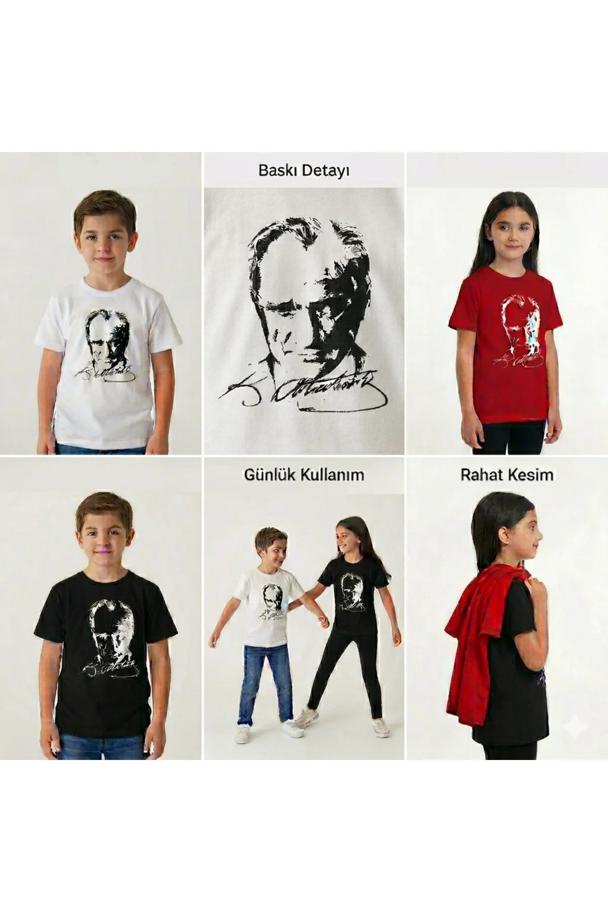 Atatürk Baskılı Çocuk Tişört Unisex Pamuklu Kısa Kollu Tişört
