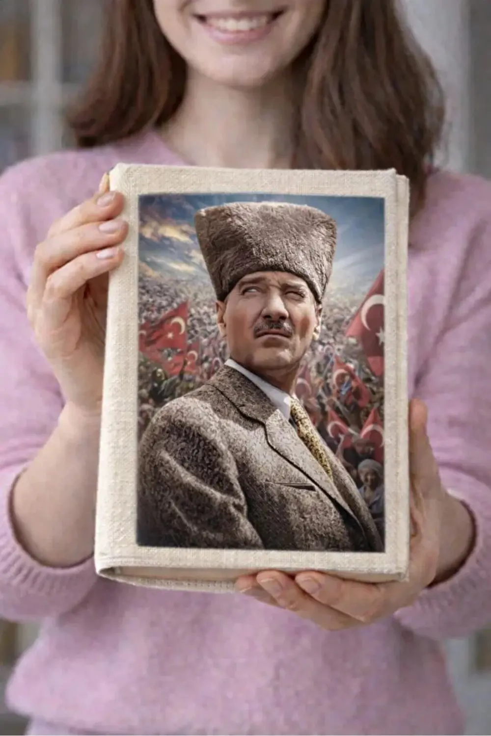 Atatürk Desenli Bez Kitap Kılıfı – Sanatsal Baskılı Kumaş Kitap K