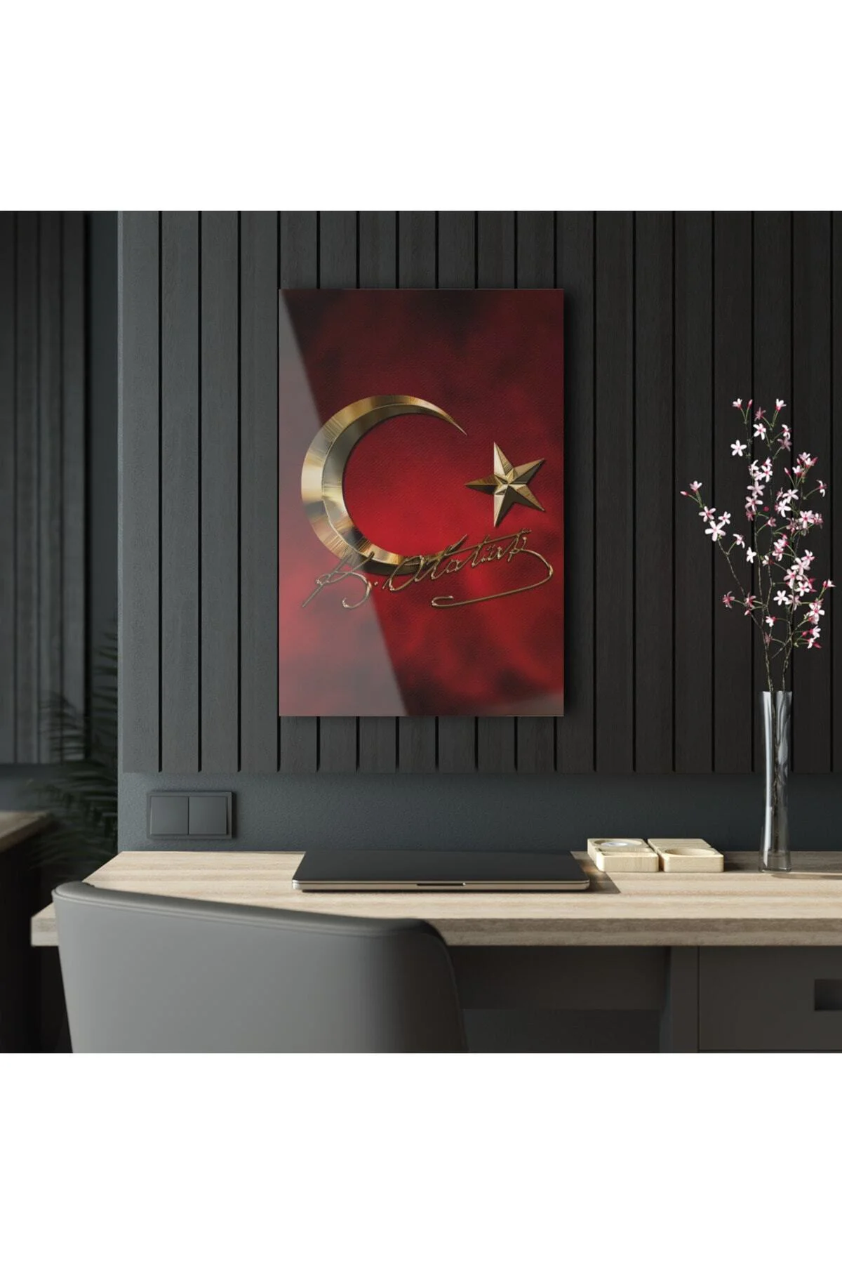 Atatürk Imzası Ve Türk Bayrağı Salon Duvar Cam Tablo Dekoru, Atatürk Tablo, Duvar Süsü