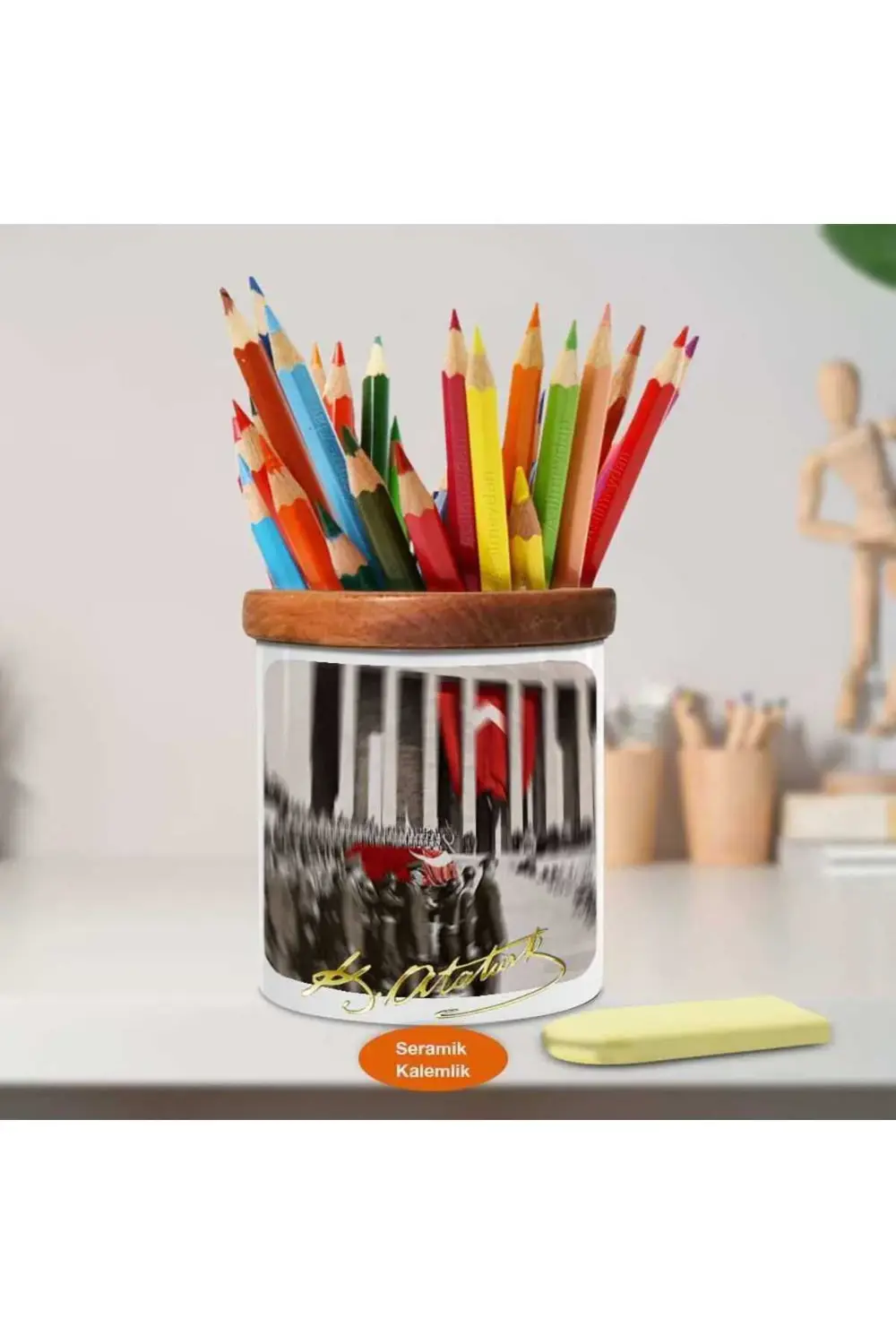 Atatürke Son Veda Anıtkabir Ahşap Seramik Kalemlik-w13