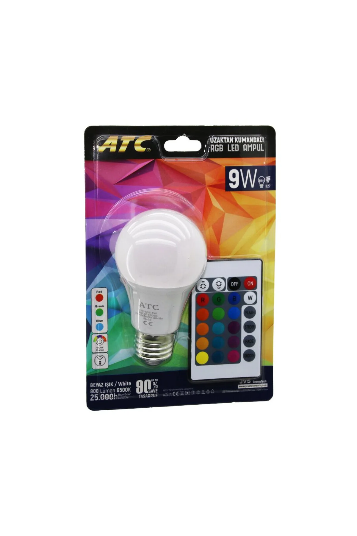 ATC-RGB-9W KUMANDALI 9W=60W RGB=16-RENKLİ LED AMPUL E27 800 LÜMEN