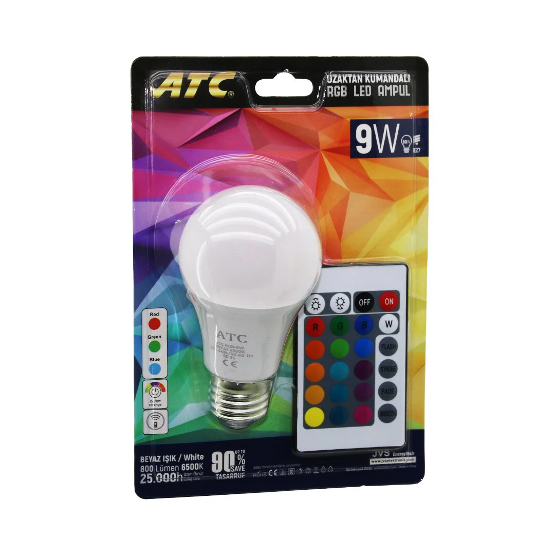 ATC-RGB-9W Kumandalı 9W=60W RGB=16-RENKLİ Led Ampul E27 800 Lümen 6500K 25.000 Saat Ömür Fiyatı, Yorumları ve Özellikleri